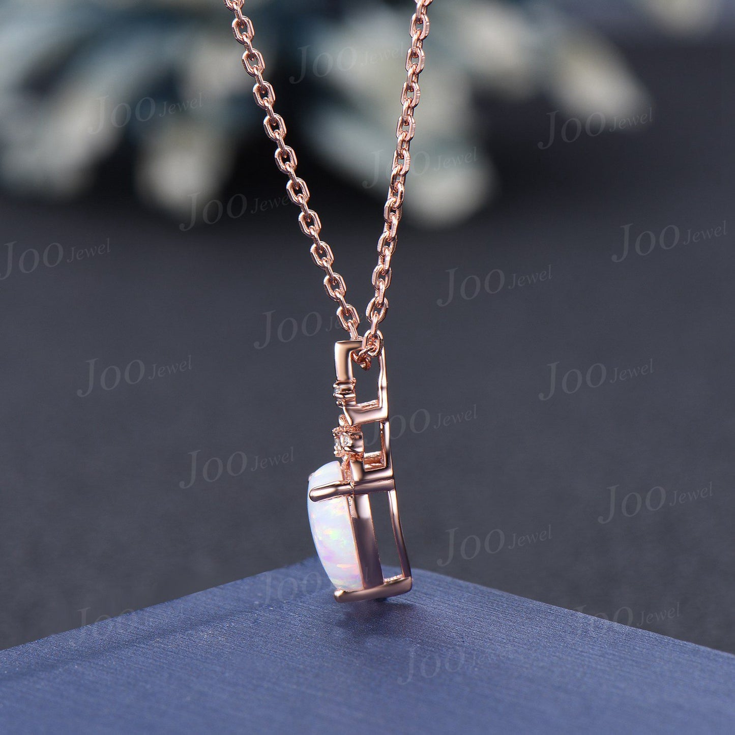 Teardrop Cut White Fire Opal Necklace Solid 14k/18k Rose Gold Branch Floral Pendant for Women Dainty Anniversary Bridal Gift Mother Jewelry
