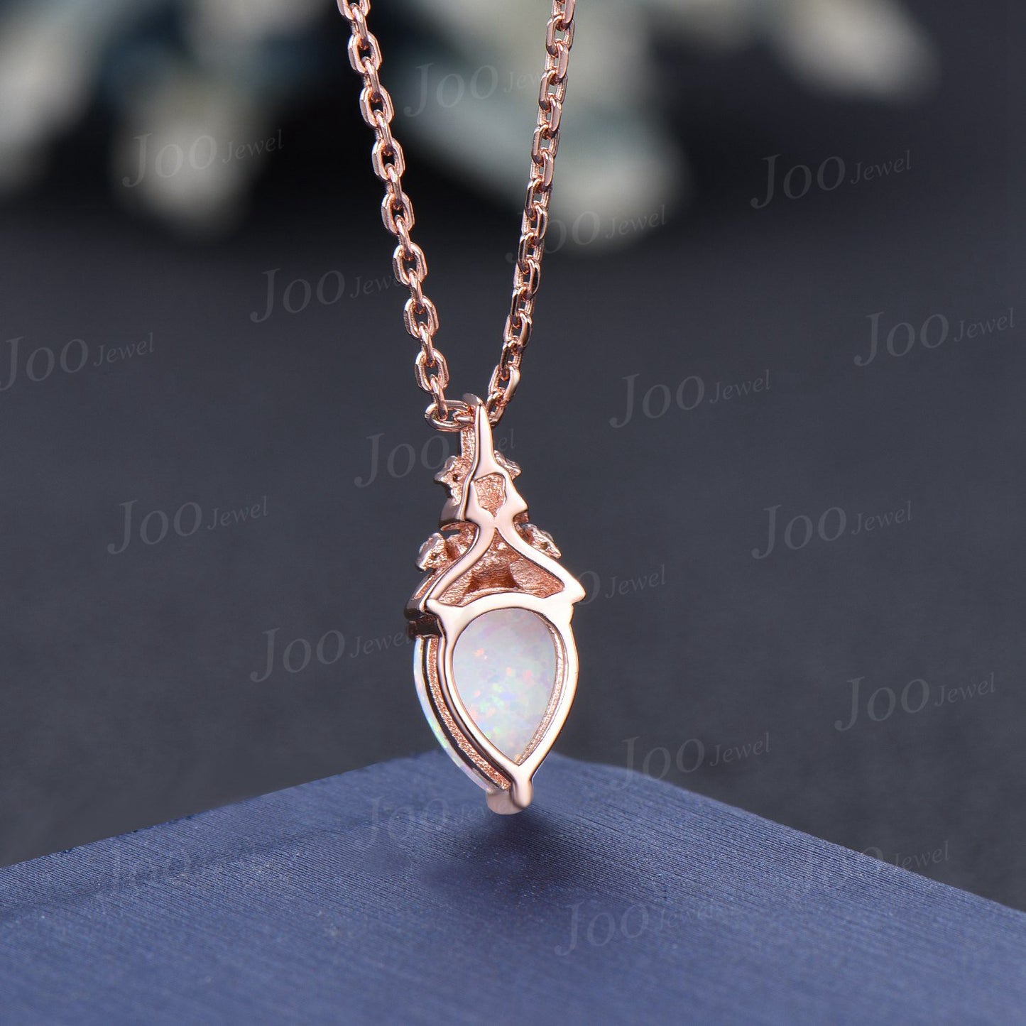 Teardrop Cut White Fire Opal Necklace Solid 14k/18k Rose Gold Branch Floral Pendant for Women Dainty Anniversary Bridal Gift Mother Jewelry