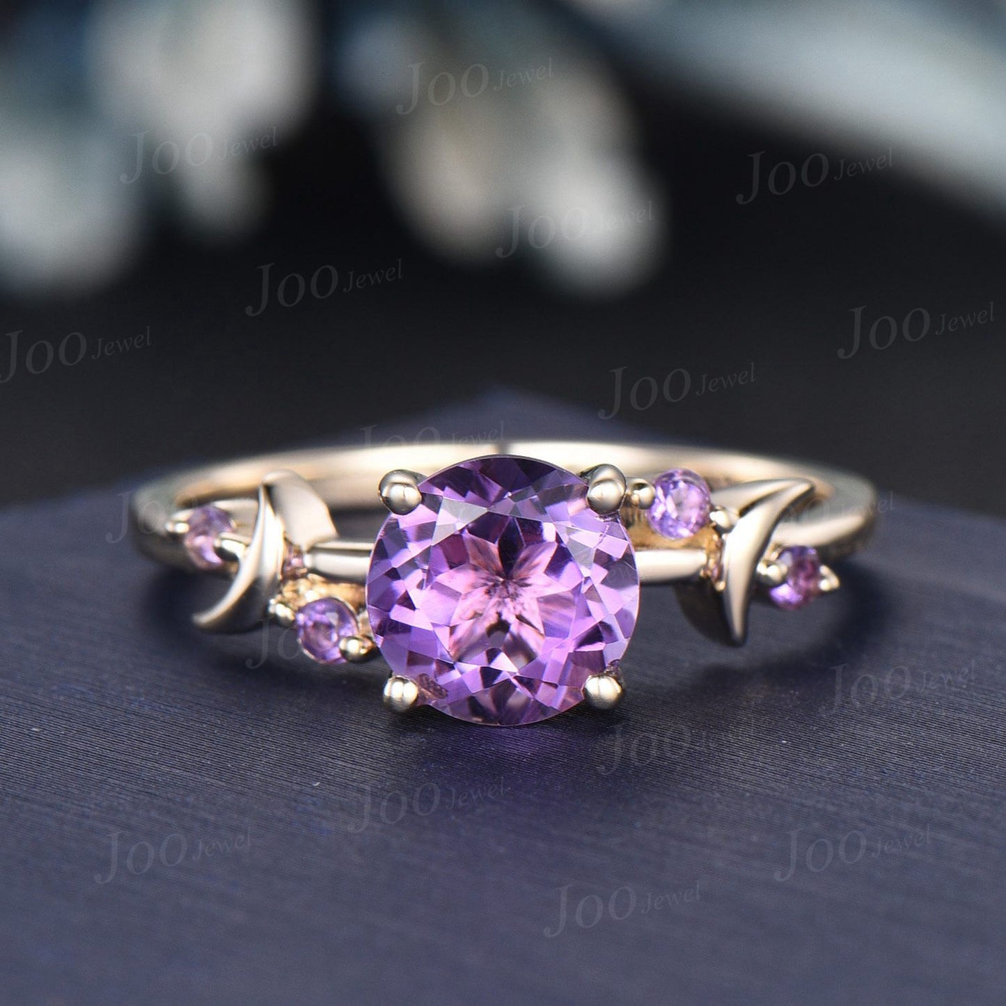 Round Natural Purple Amethyst Moon Wedding Ring Cluster Amethyst Ring Rose Gold Purple Crystal Celestial Promise Ring Unique Birthday Gifts