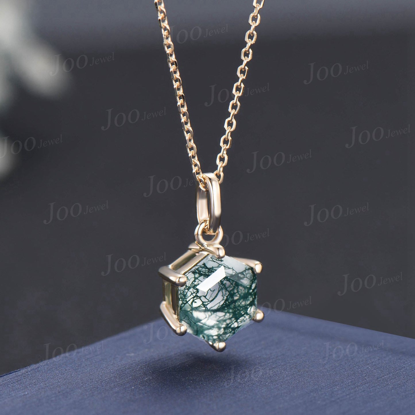 Silver Hexagon Natural Moss Agate Necklace Solid 14k/18k Rose Gold Vintage Personalized Solitaire Wedding Pendant Anniversary Bridal Gifts