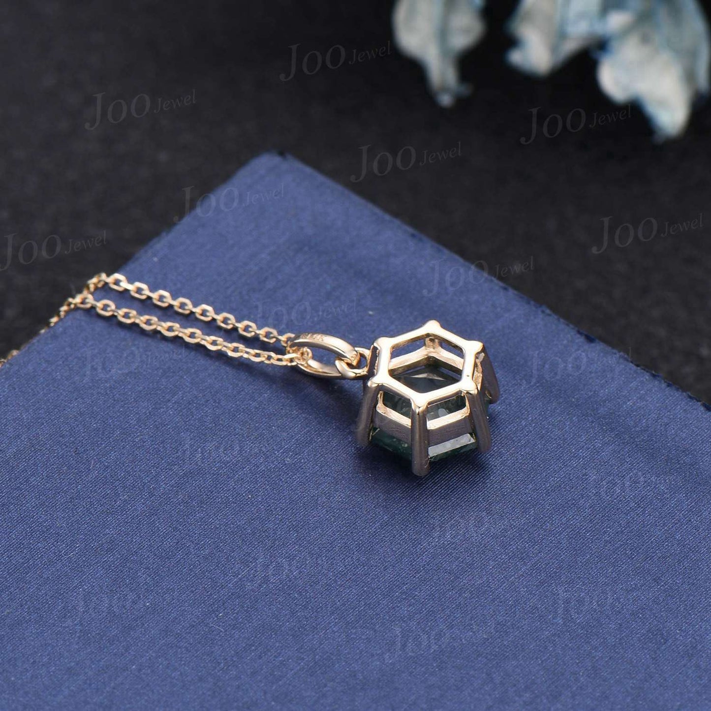 Silver Hexagon Natural Moss Agate Necklace Solid 14k/18k Rose Gold Vintage Personalized Solitaire Wedding Pendant Anniversary Bridal Gifts