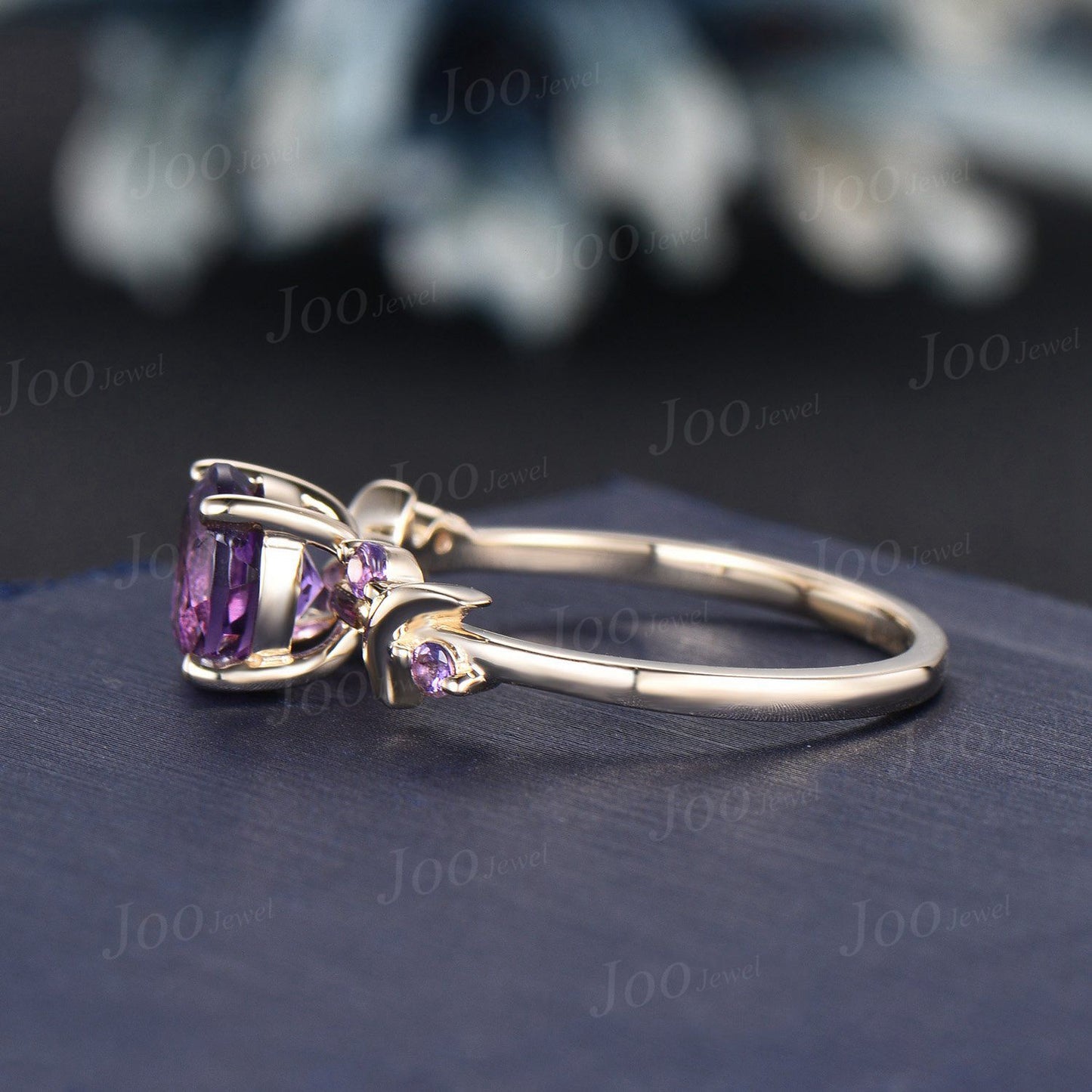 Round Natural Purple Amethyst Moon Wedding Ring Cluster Amethyst Ring Rose Gold Purple Crystal Celestial Promise Ring Unique Birthday Gifts