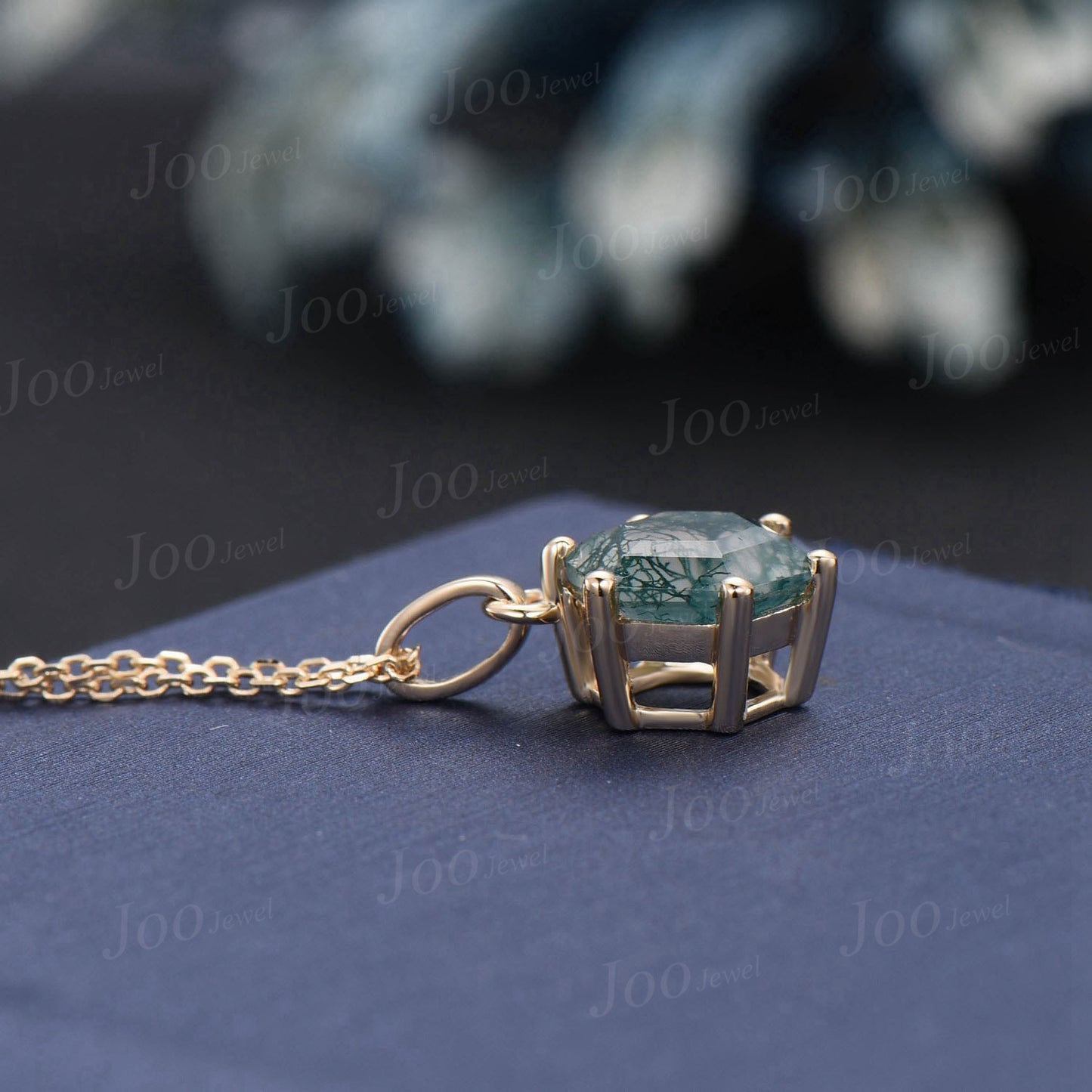 Silver Hexagon Natural Moss Agate Necklace Solid 14k/18k Rose Gold Vintage Personalized Solitaire Wedding Pendant Anniversary Bridal Gifts