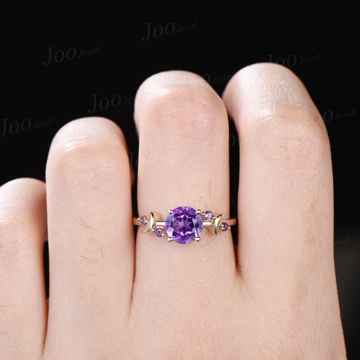 Round Natural Purple Amethyst Moon Wedding Ring Cluster Amethyst Ring Rose Gold Purple Crystal Celestial Promise Ring Unique Birthday Gifts