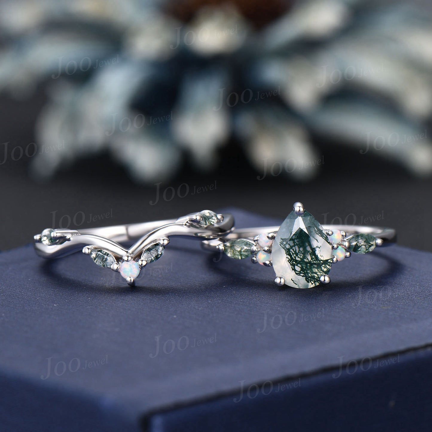 1.25ct Pear Natural Moss Agate Opal Engagement Ring 10K/14K/18K White Gold Aquatic Agate Wedding Ring Women Unique Teardrop Moss Bridal Set