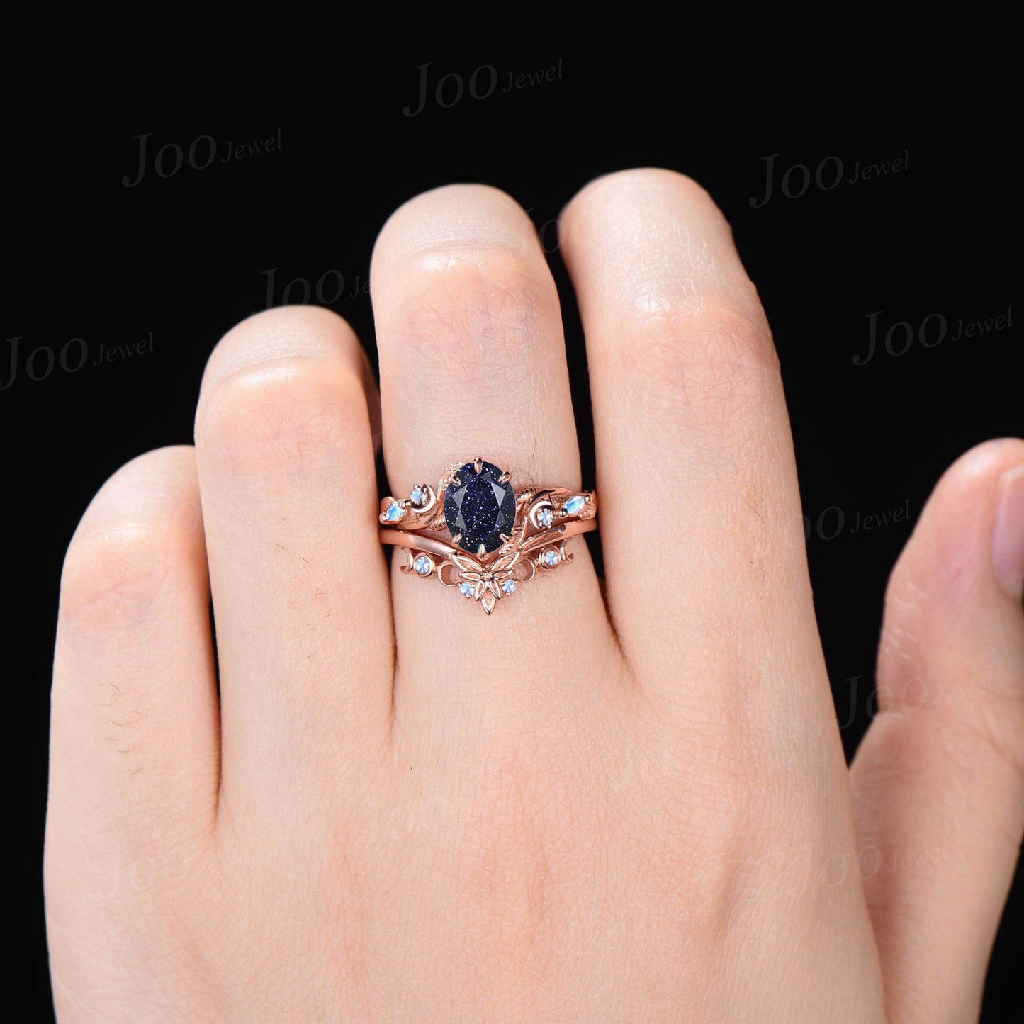 1.5ct Oval Cut Galaxy Blue Sandstone Moonstone Moon Bridal Ring Set Nature Inspired Starry Sky Blue Goldstone Wedding Ring Celtic Knot Band