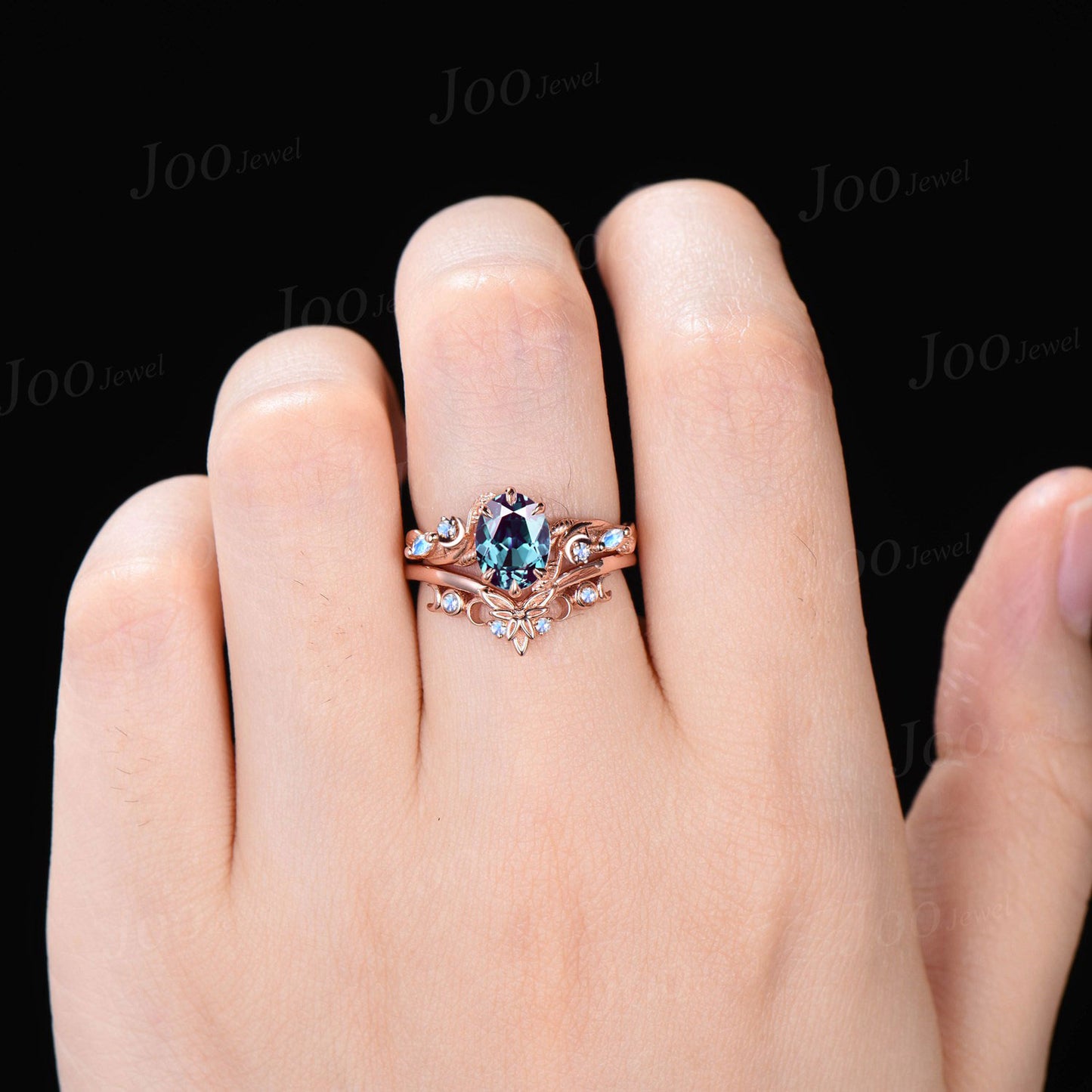 1.5CT Oval Alexandrite Moonstone Moon Engagement Ring 14K Rose Gold Nature Inspired Celtic Knot Alexandrite Ring June Birthstone Bridal Ring