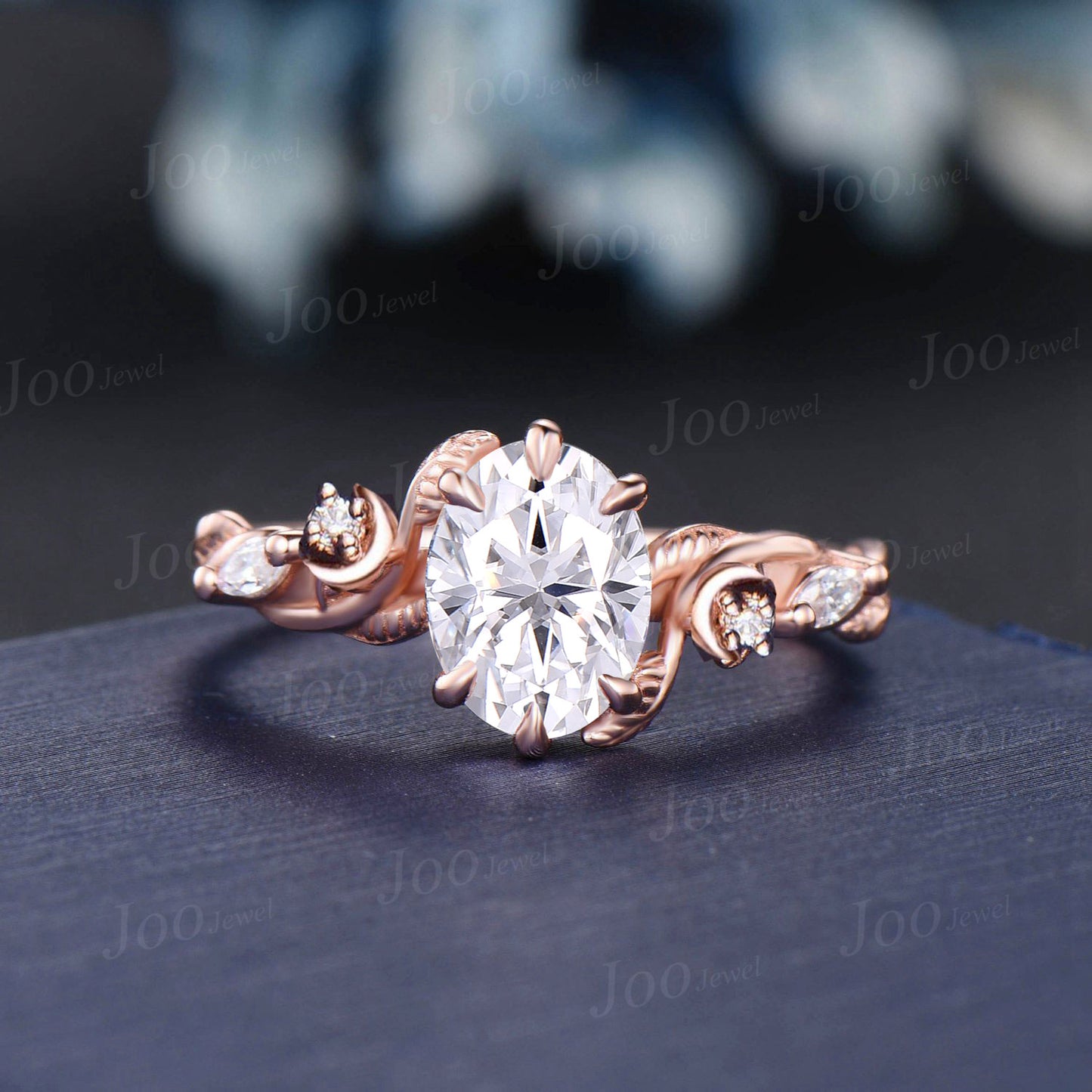 1.5ct Nature Inspired Oval Moissanite Bridal Set Triple Moon Leaf Trinity Knot Diamond Band Branch Leaf Bypass Moissanite Wedding Ring Women