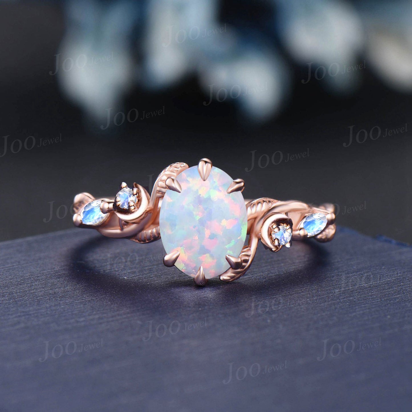 1.5ct Oval Nature Inspired White Opal Engagement Ring Trinity Knot Triple Moon Moonstone Band Rose Gold October Birthstone Moon Wedding Ring