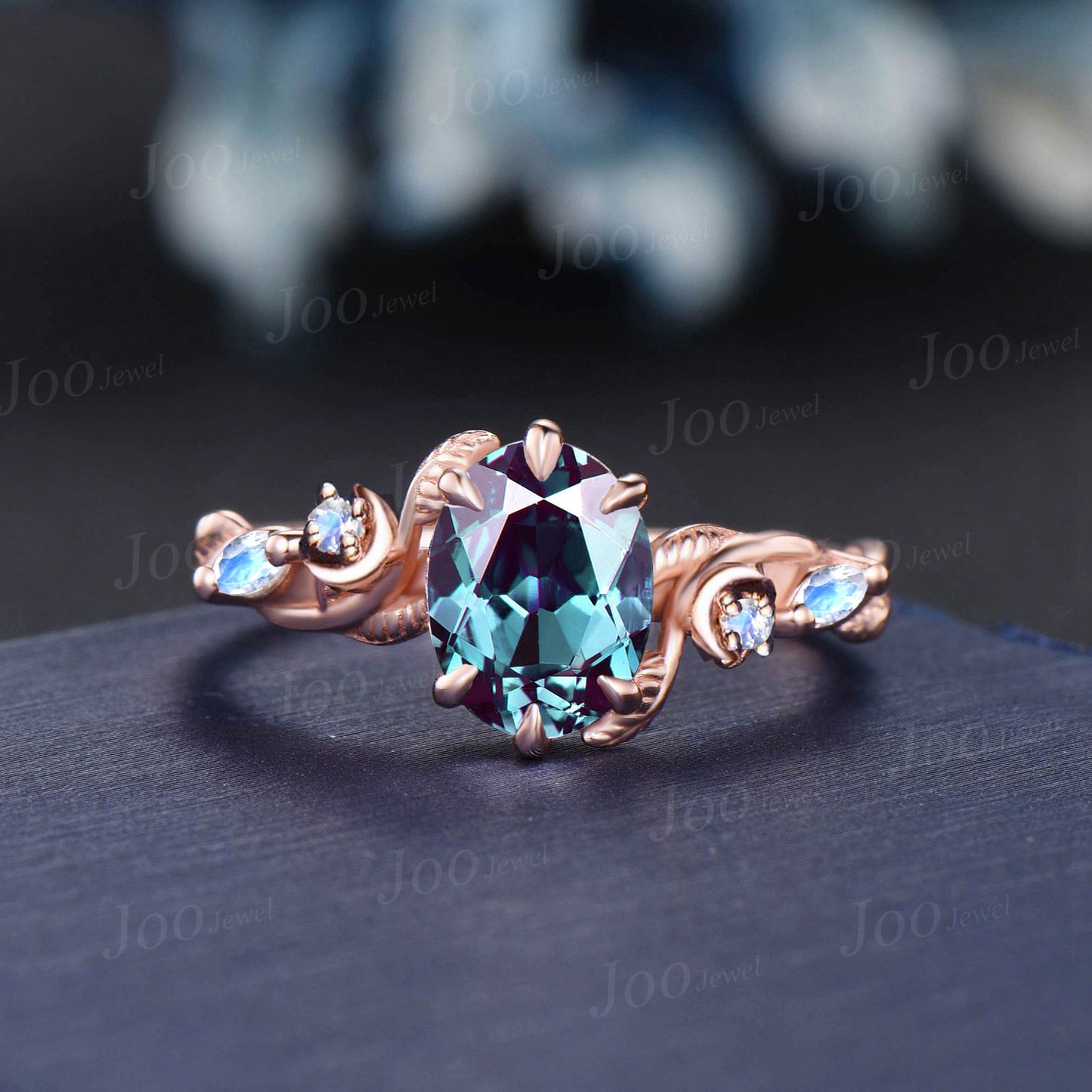1.5CT Oval Alexandrite Moonstone Moon Engagement Ring 14K Rose Gold Nature Inspired Celtic Knot Alexandrite Ring June Birthstone Bridal Ring