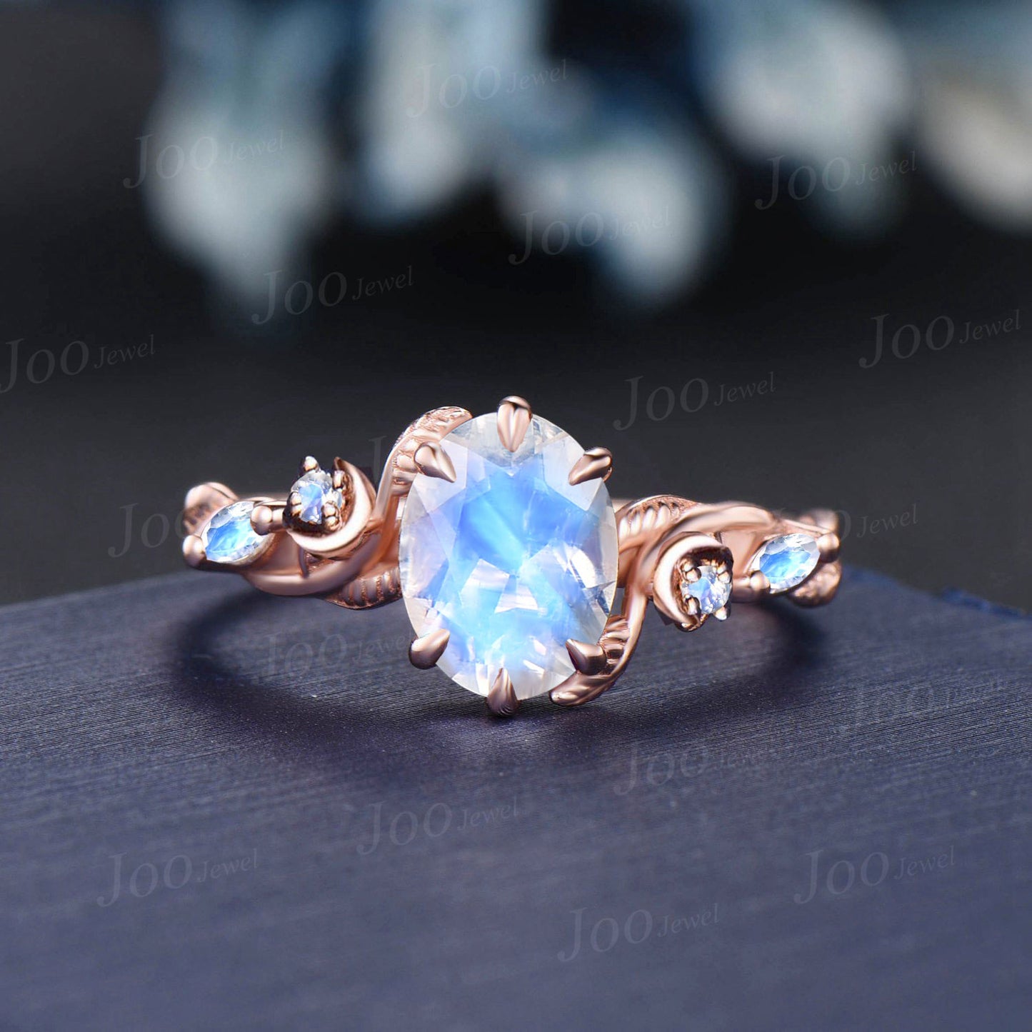 Crescent Moon Natural Moonstone Wedding Ring Set 14K Rose Gold Nature Inspired Branch Vine Trinity Celtic Knot Oval Engagement Ring Women
