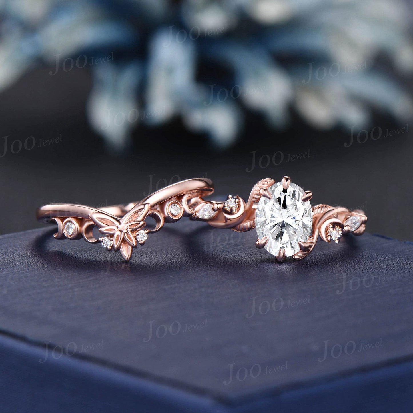 1.5ct Nature Inspired Oval Moissanite Bridal Set Triple Moon Leaf Trinity Knot Diamond Band Branch Leaf Bypass Moissanite Wedding Ring Women