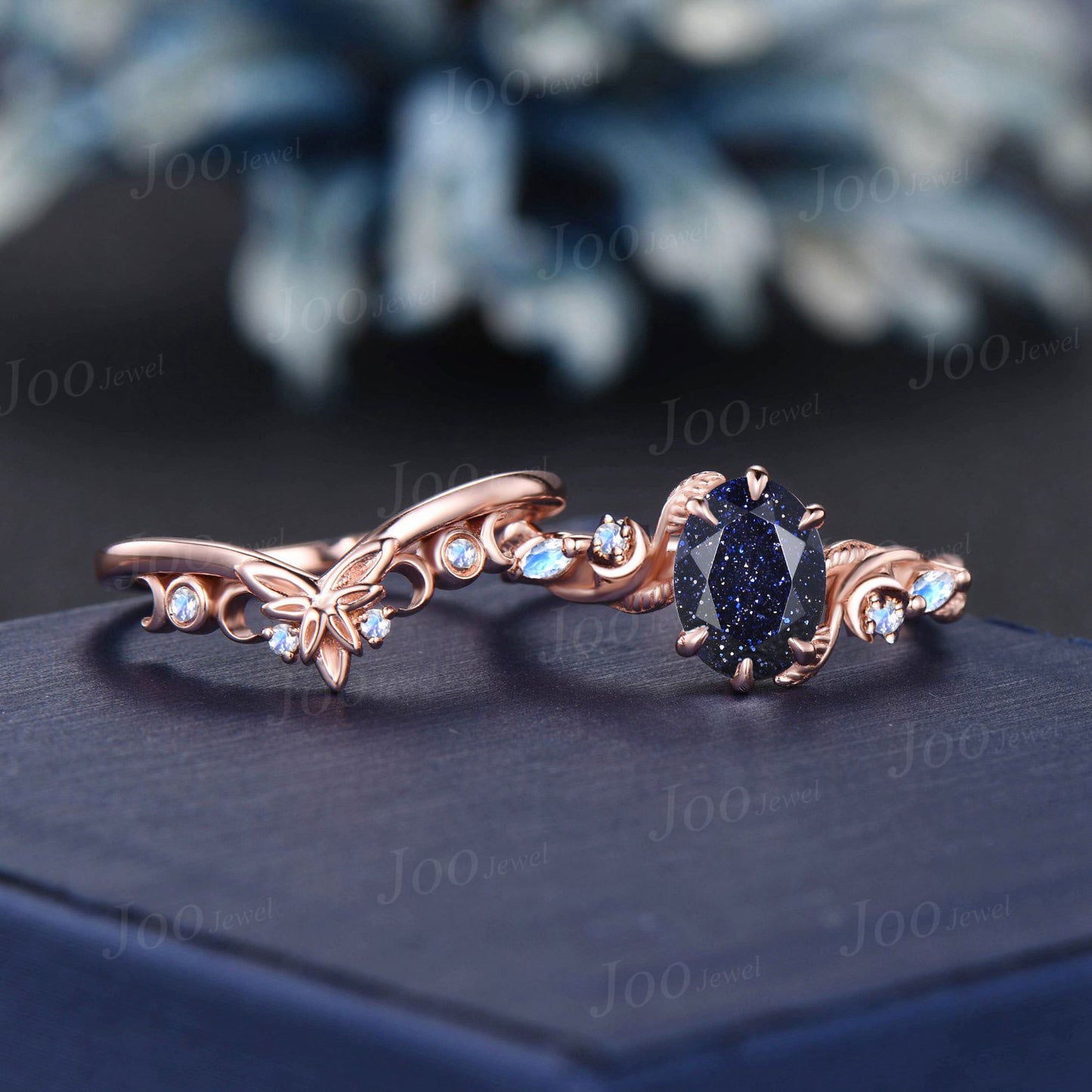 1.5ct Oval Cut Galaxy Blue Sandstone Moonstone Moon Bridal Ring Set Nature Inspired Starry Sky Blue Goldstone Wedding Ring Celtic Knot Band