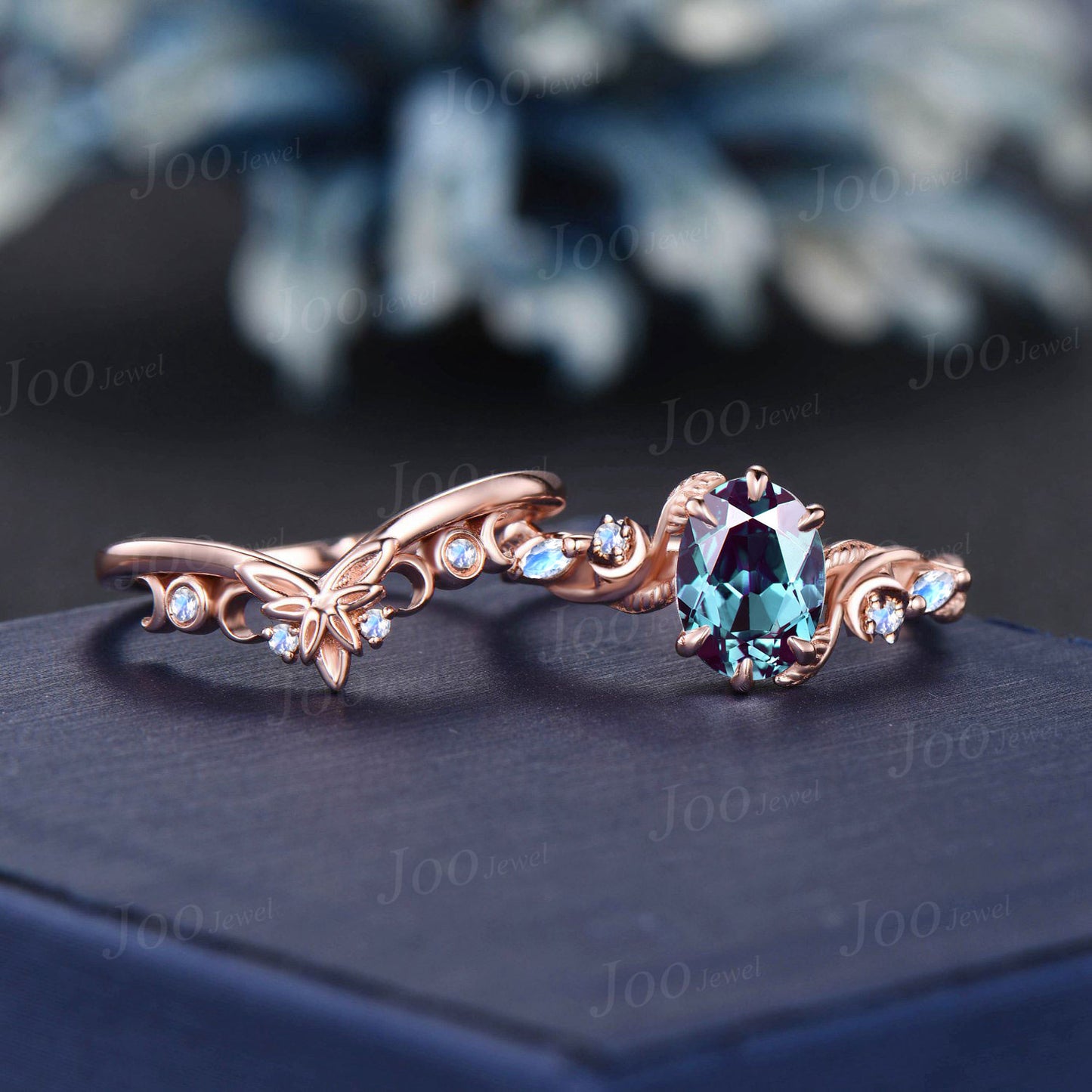 1.5CT Oval Alexandrite Moonstone Moon Engagement Ring 14K Rose Gold Nature Inspired Celtic Knot Alexandrite Ring June Birthstone Bridal Ring