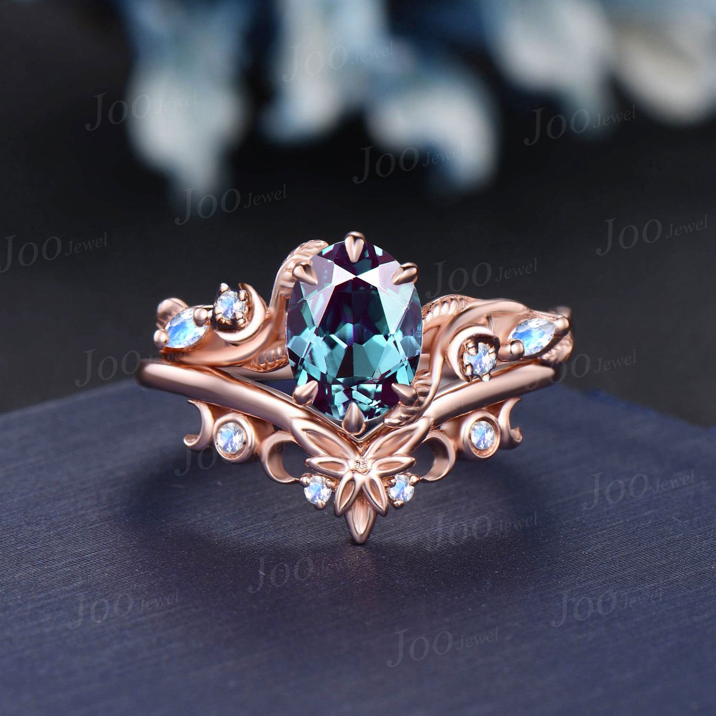 1.5CT Oval Alexandrite Moonstone Moon Engagement Ring 14K Rose Gold Nature Inspired Celtic Knot Alexandrite Ring June Birthstone Bridal Ring