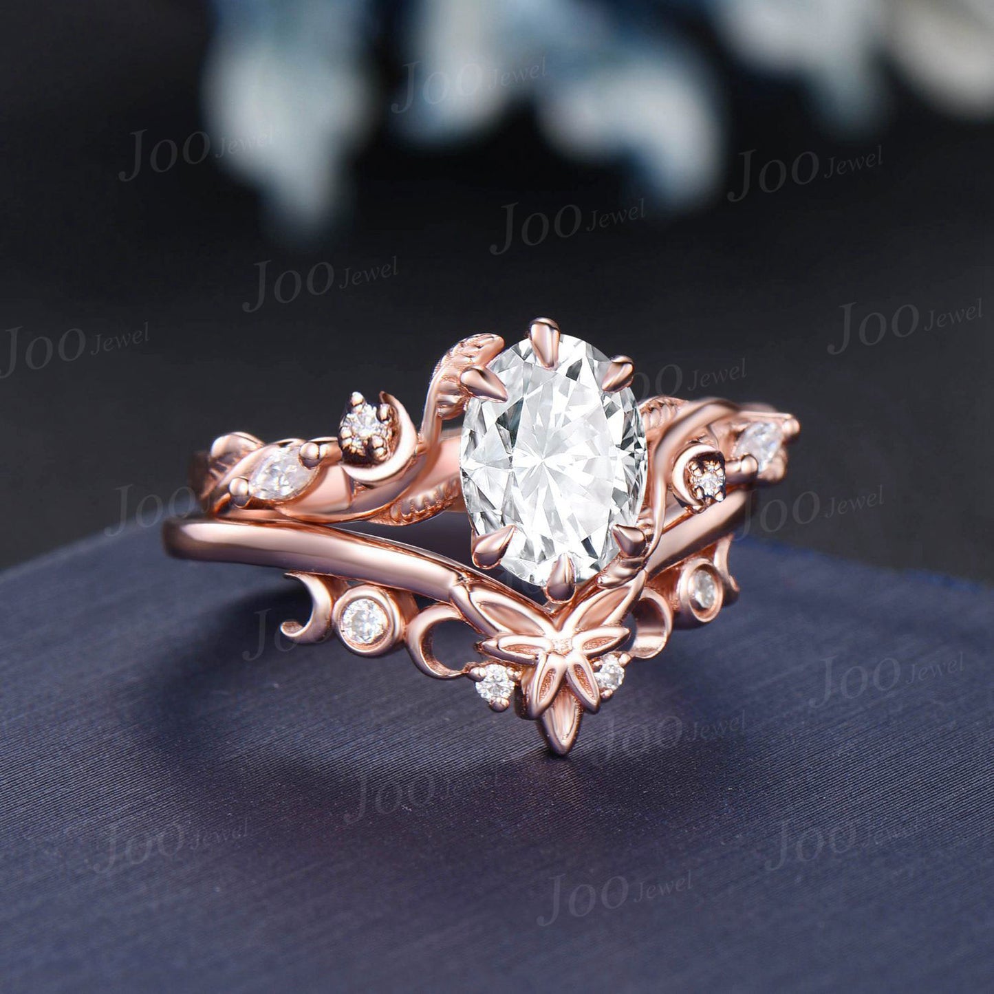1.5ct Nature Inspired Oval Moissanite Bridal Set Triple Moon Leaf Trinity Knot Diamond Band Branch Leaf Bypass Moissanite Wedding Ring Women