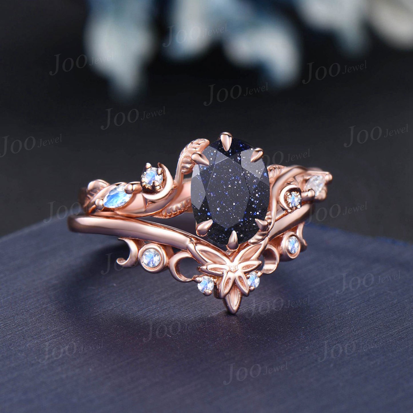 1.5ct Oval Cut Galaxy Blue Sandstone Moonstone Moon Bridal Ring Set Nature Inspired Starry Sky Blue Goldstone Wedding Ring Celtic Knot Band