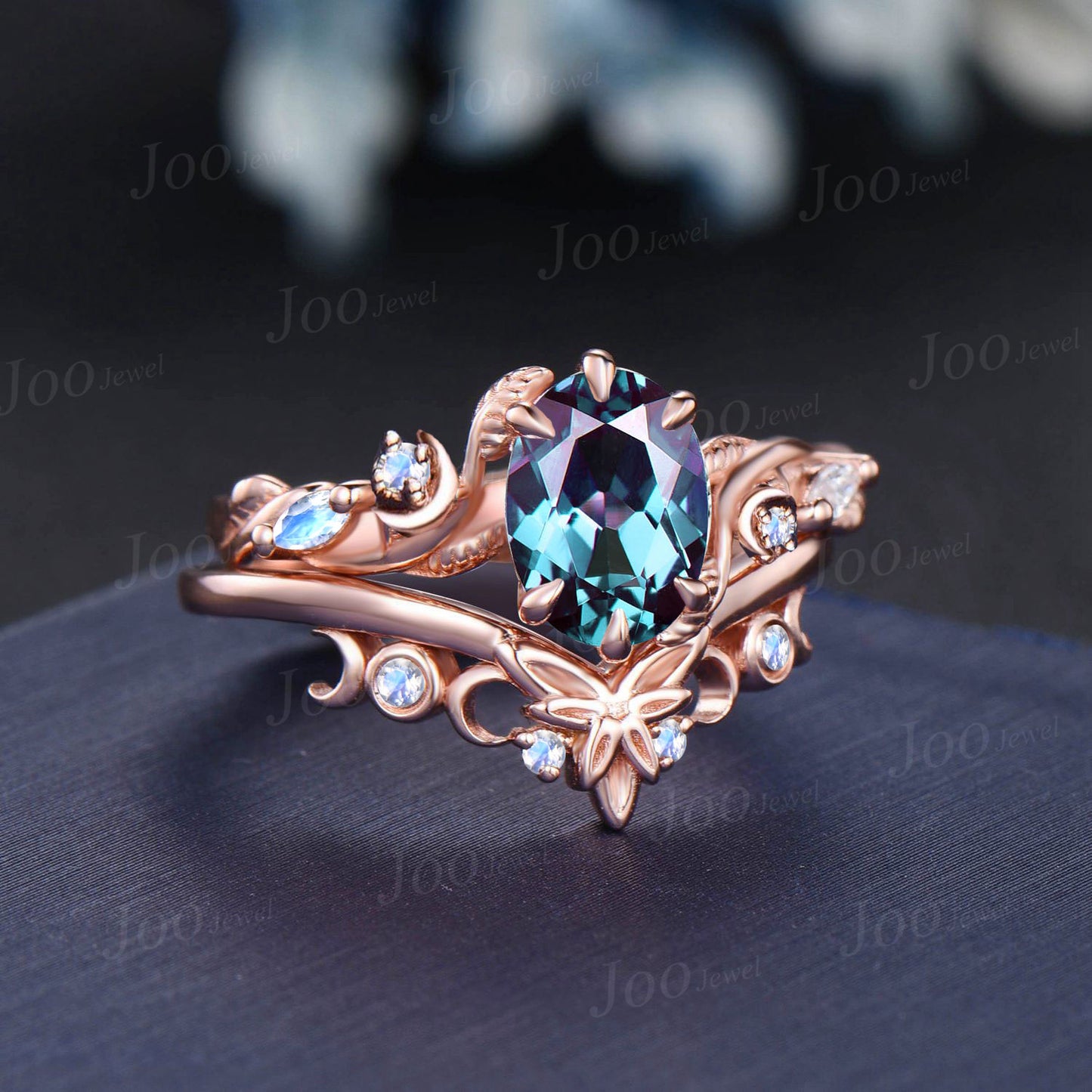 1.5CT Oval Alexandrite Moonstone Moon Engagement Ring 14K Rose Gold Nature Inspired Celtic Knot Alexandrite Ring June Birthstone Bridal Ring