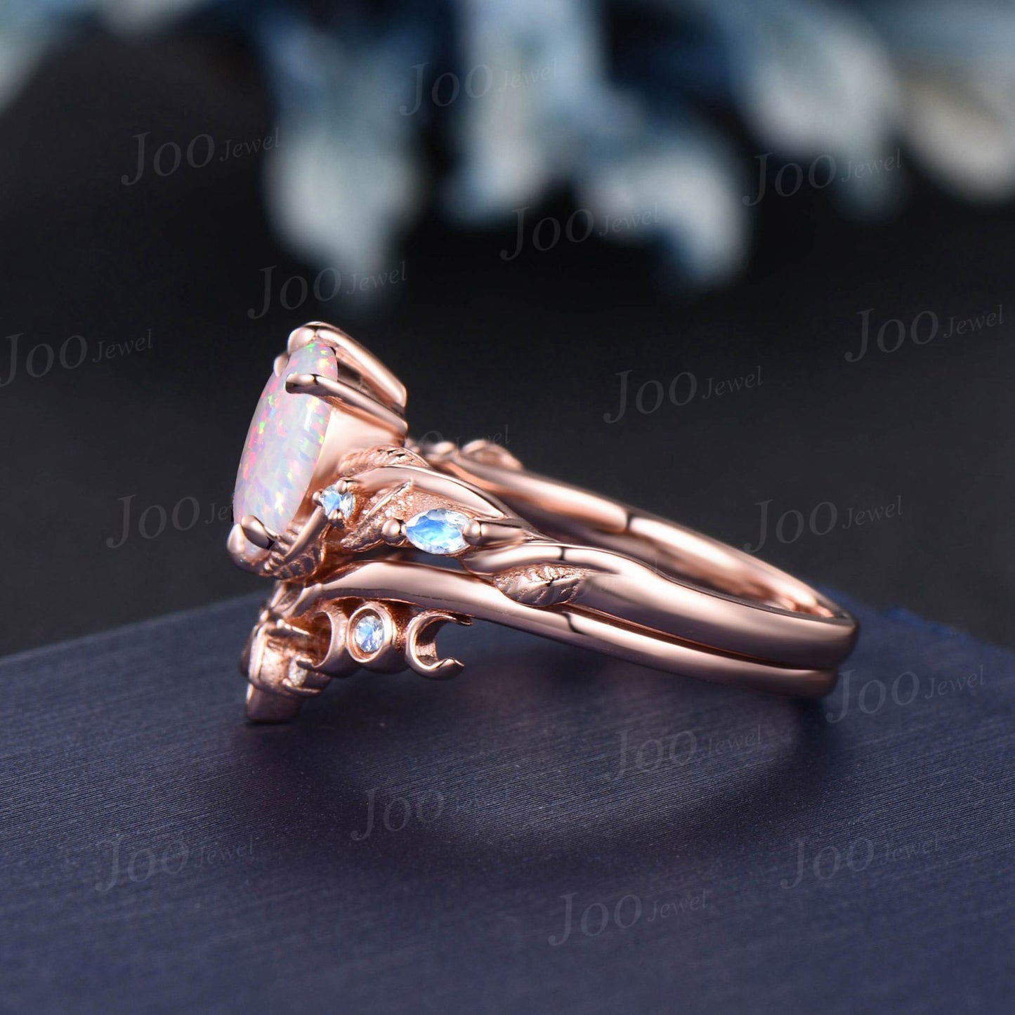 1.5ct Oval Nature Inspired White Opal Engagement Ring Trinity Knot Triple Moon Moonstone Band Rose Gold October Birthstone Moon Wedding Ring