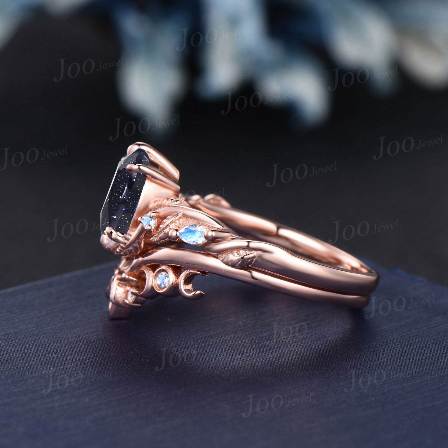 1.5ct Oval Cut Galaxy Blue Sandstone Moonstone Moon Bridal Ring Set Nature Inspired Starry Sky Blue Goldstone Wedding Ring Celtic Knot Band