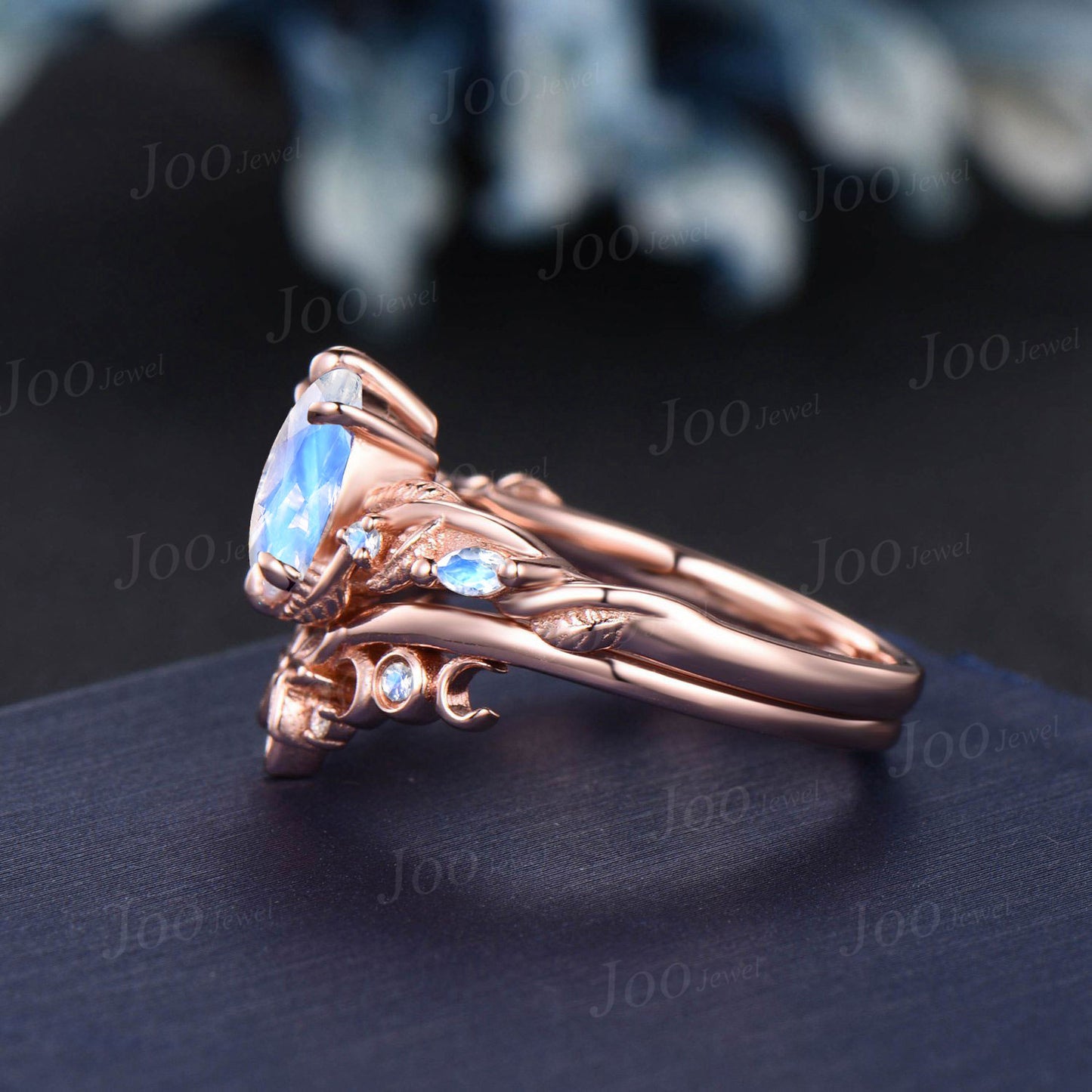 Crescent Moon Natural Moonstone Wedding Ring Set 14K Rose Gold Nature Inspired Branch Vine Trinity Celtic Knot Oval Engagement Ring Women