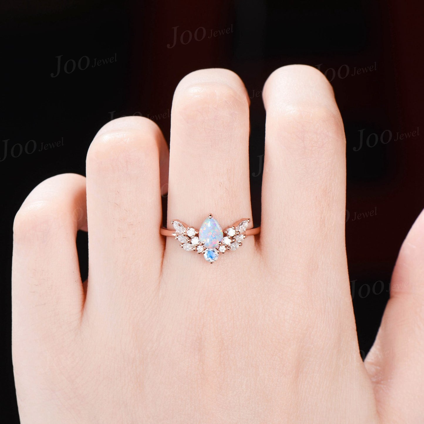 Pear Cut White Opal Ring Angel Wing Design Moissanite Opal Cluster Wedding Ring Round Cut Moonstone Promise Ring Personalized Handmade Gifts