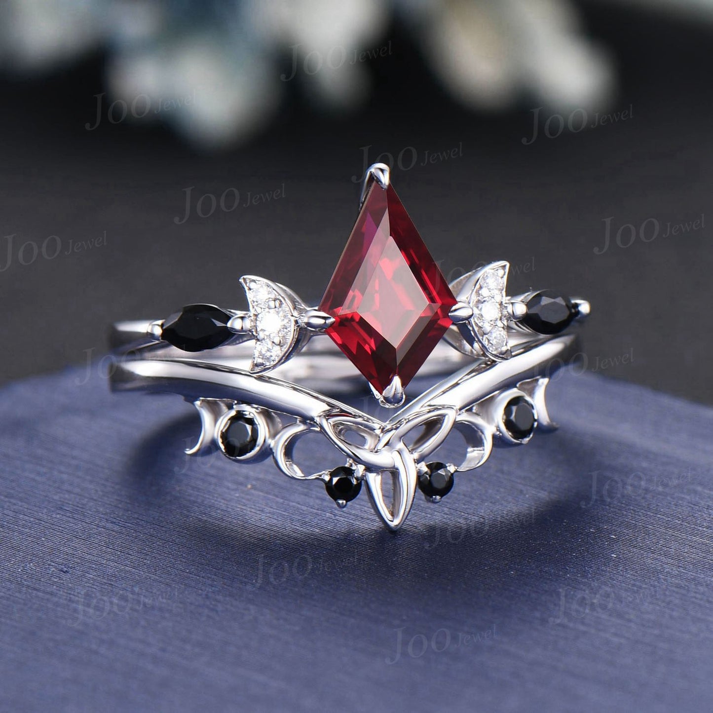 Unique Kite Cut Natural Red Garnet Engagement Ring Set Crescent Moon Wedding Ring Garnet and Black Gemstone Ring Celtic Knot Gothic Ring Set