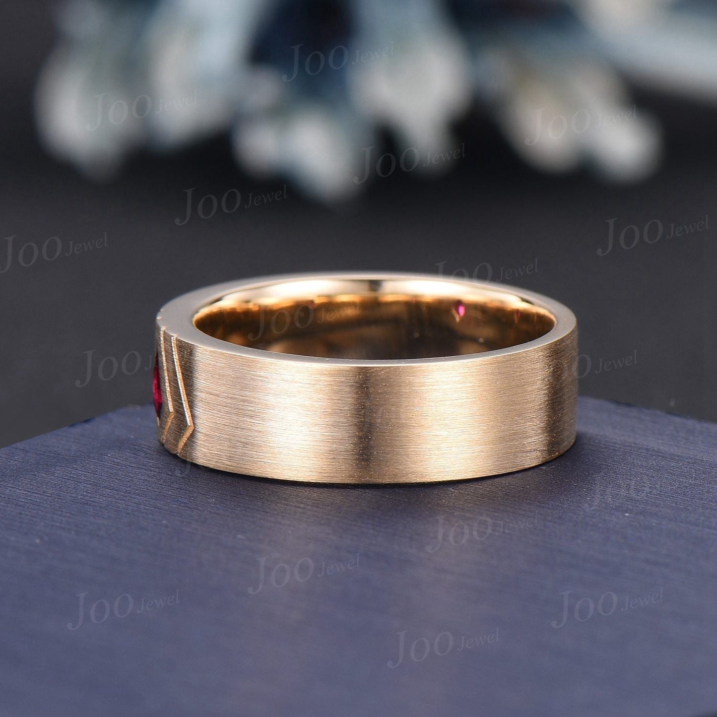 6mm Natural Garnet Mens Brushed Wedding Band 14K Yellow Gold Princess Cut Garnet Promise Ring Pinky Ring Matte Finish Gold Wedding Band Mens