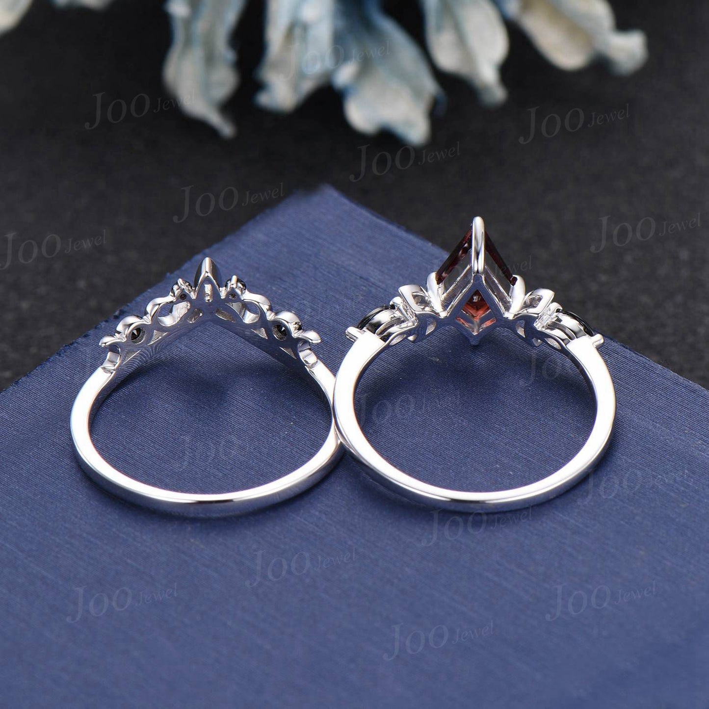 Unique Kite Cut Natural Red Garnet Engagement Ring Set Crescent Moon Wedding Ring Garnet and Black Gemstone Ring Celtic Knot Gothic Ring Set