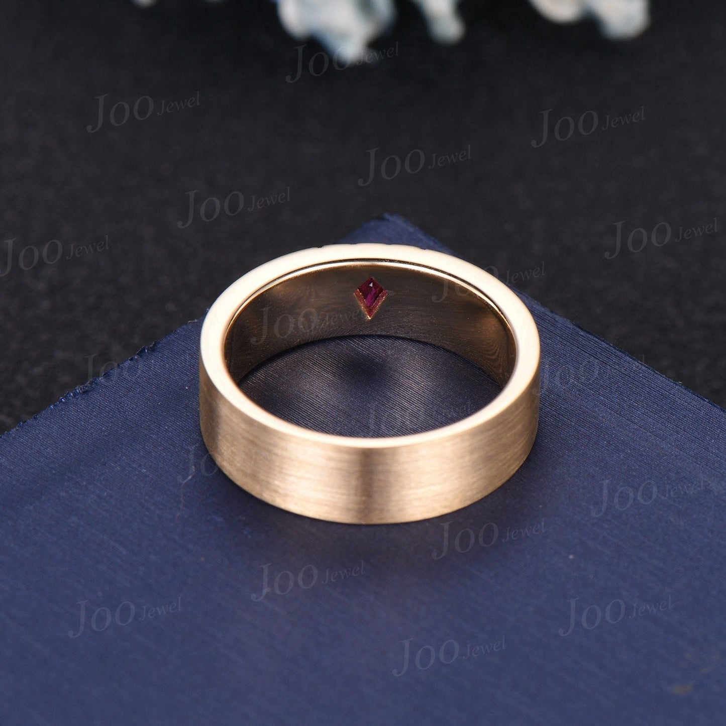 6mm Natural Garnet Mens Brushed Wedding Band 14K Yellow Gold Princess Cut Garnet Promise Ring Pinky Ring Matte Finish Gold Wedding Band Mens
