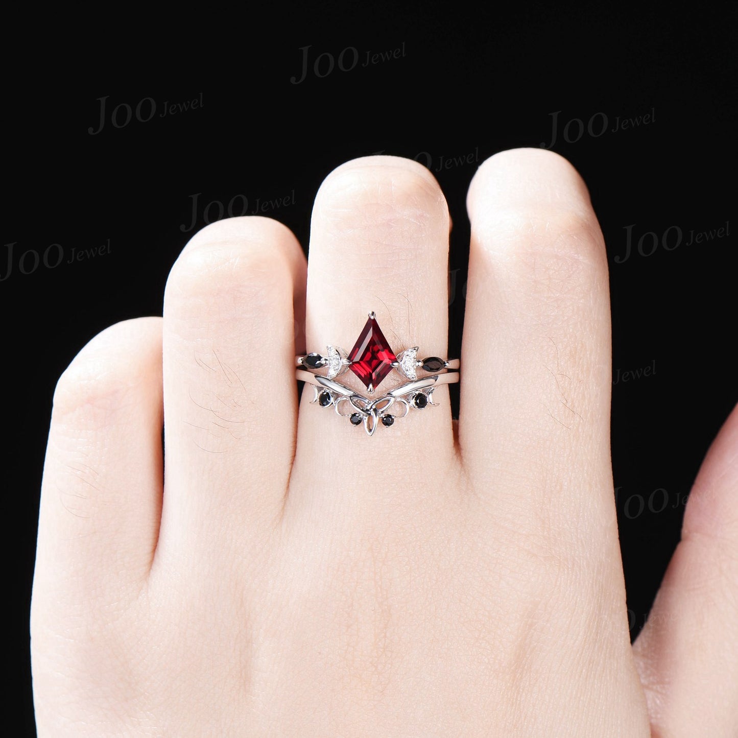 Unique Kite Cut Natural Red Garnet Engagement Ring Set Crescent Moon Wedding Ring Garnet and Black Gemstone Ring Celtic Knot Gothic Ring Set