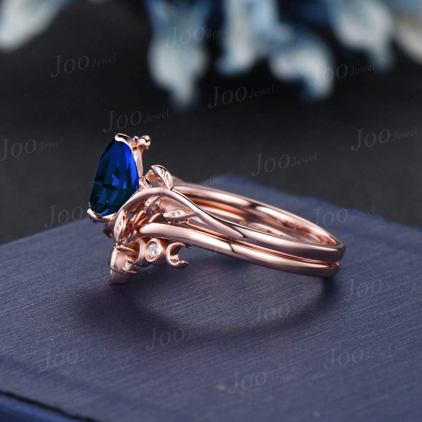 Branch Vine Blue Sapphire Ring Set 1.25ct Pear Engagement Ring Forest Inspired Triple Moon Moissanite Wedding Ring September Birthstone Gift