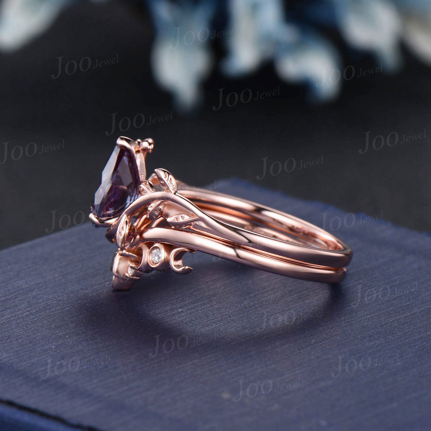 1.25ct Pear Nature Inspired Color-Change Alexandrite Moss Agate Bridal Set Triple Moon Leaf Celtic Moissanite Band Branch Alexandrite Ring