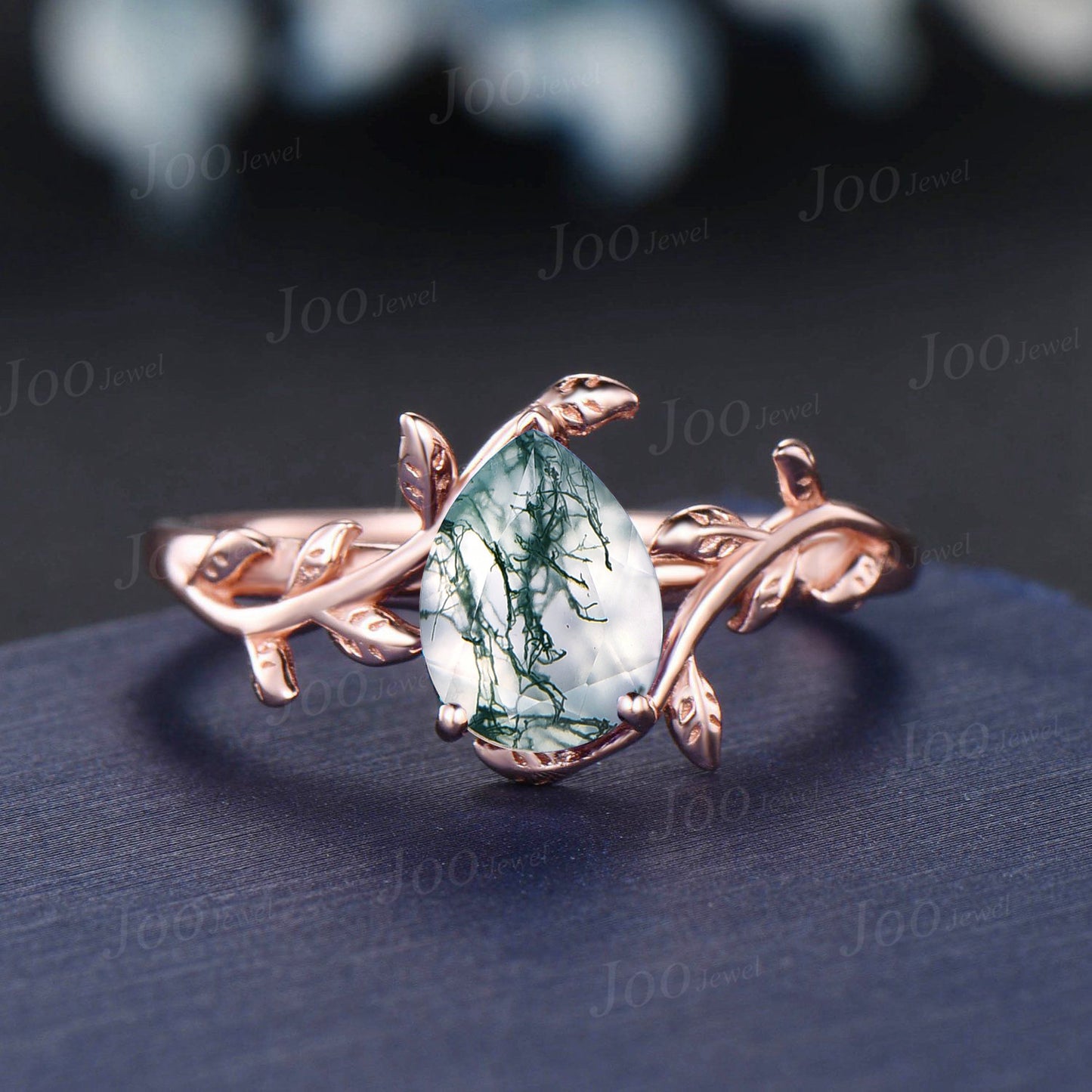1.25ct Nature Inspired Twig Moss Agate Ring Pear Solitaire Rings Set Rose Gold Trinity Knot Half Moon Wedding Band Aquatic Agate Bridal Set