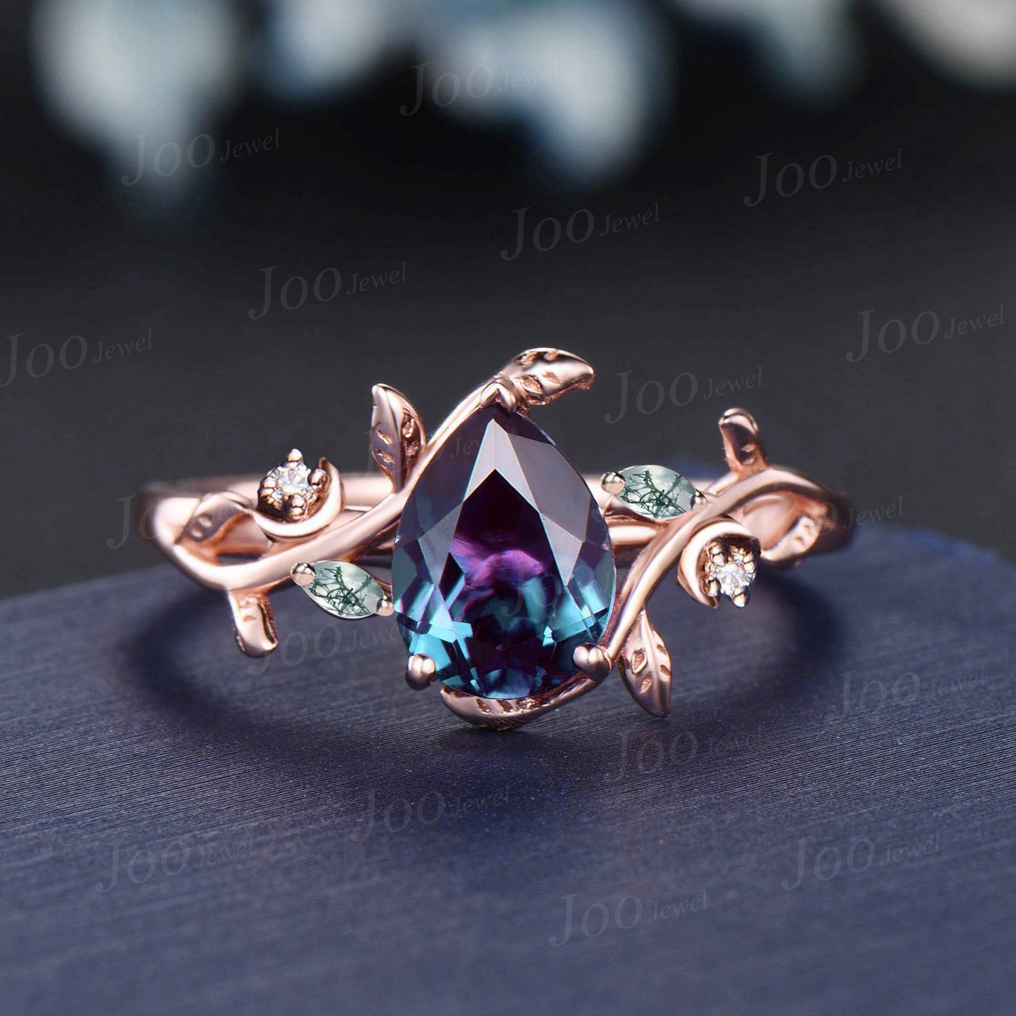 1.25ct Pear Nature Inspired Color-Change Alexandrite Moss Agate Bridal Set Triple Moon Leaf Celtic Moissanite Band Branch Alexandrite Ring