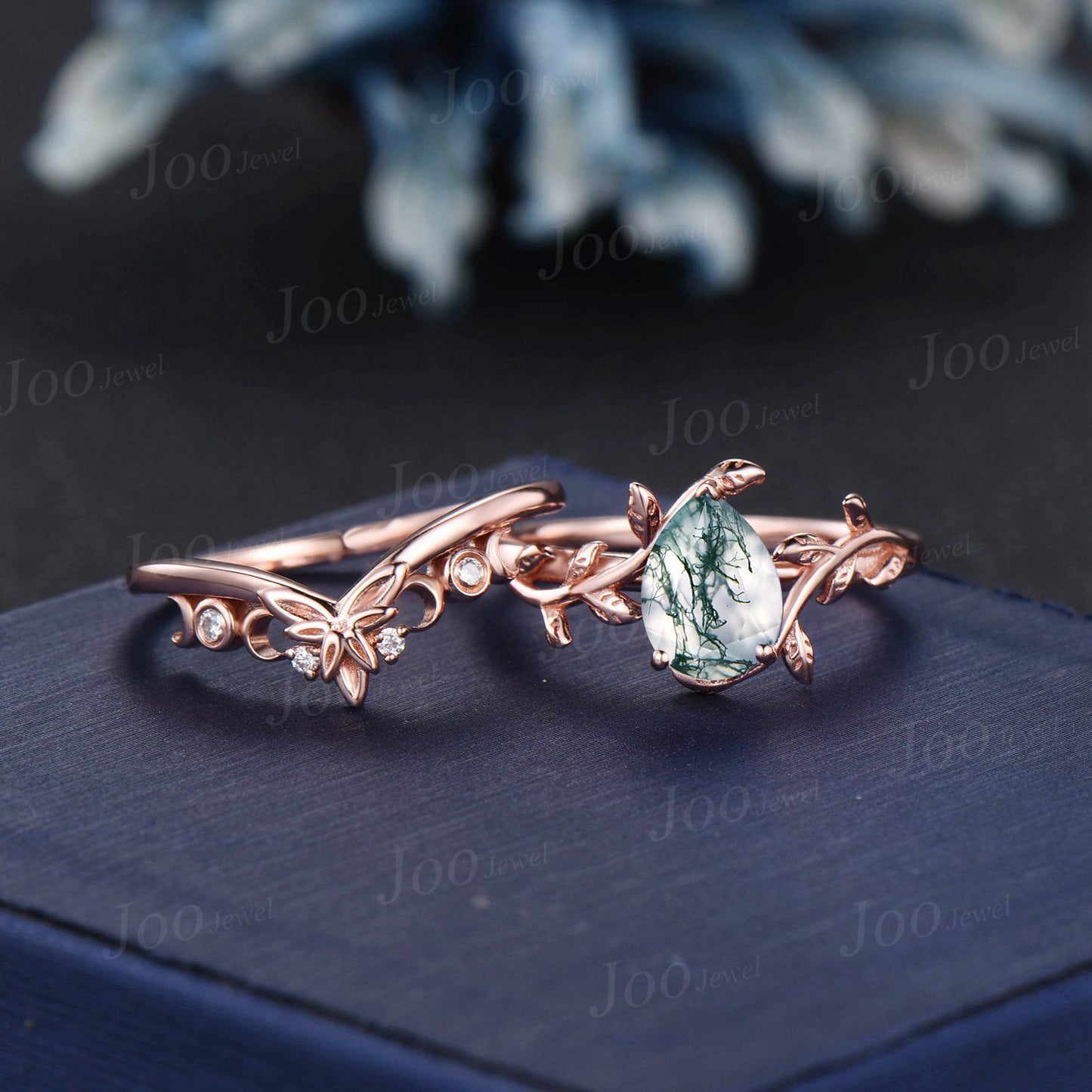 1.25ct Nature Inspired Twig Moss Agate Ring Pear Solitaire Rings Set Rose Gold Trinity Knot Half Moon Wedding Band Aquatic Agate Bridal Set