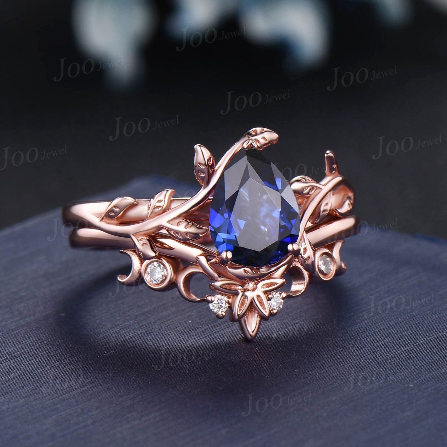 Branch Vine Blue Sapphire Ring Set 1.25ct Pear Engagement Ring Forest Inspired Triple Moon Moissanite Wedding Ring September Birthstone Gift