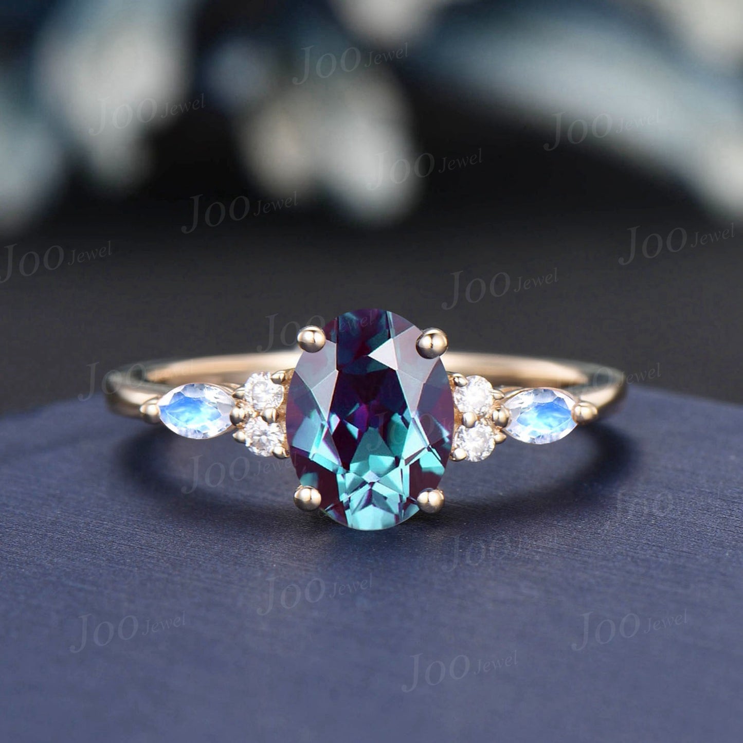 1.5ct Oval Alexandrite Ring Moonstone Cluster Engagement Ring Rose Gold June Birthstone Color Change Stone Unique Wedding Anniversary Gift