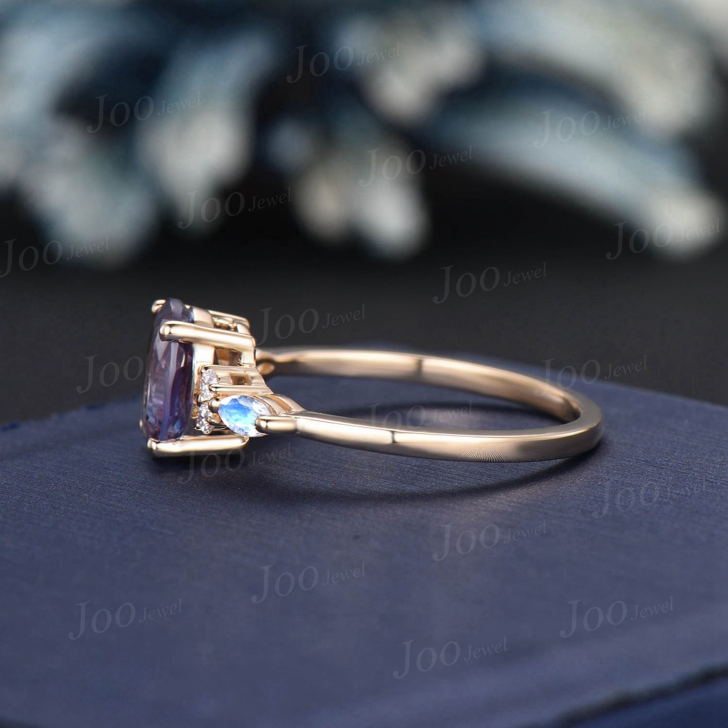 1.5ct Oval Alexandrite Ring Moonstone Cluster Engagement Ring Rose Gold June Birthstone Color Change Stone Unique Wedding Anniversary Gift