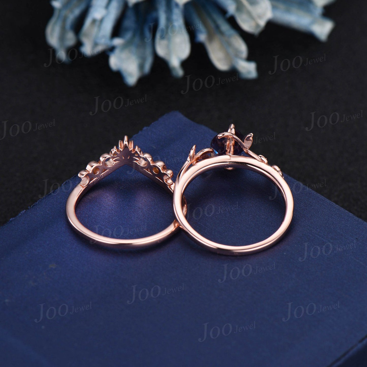 Branch Vine Blue Sapphire Ring Set 1.25ct Pear Engagement Ring Forest Inspired Triple Moon Moissanite Wedding Ring September Birthstone Gift