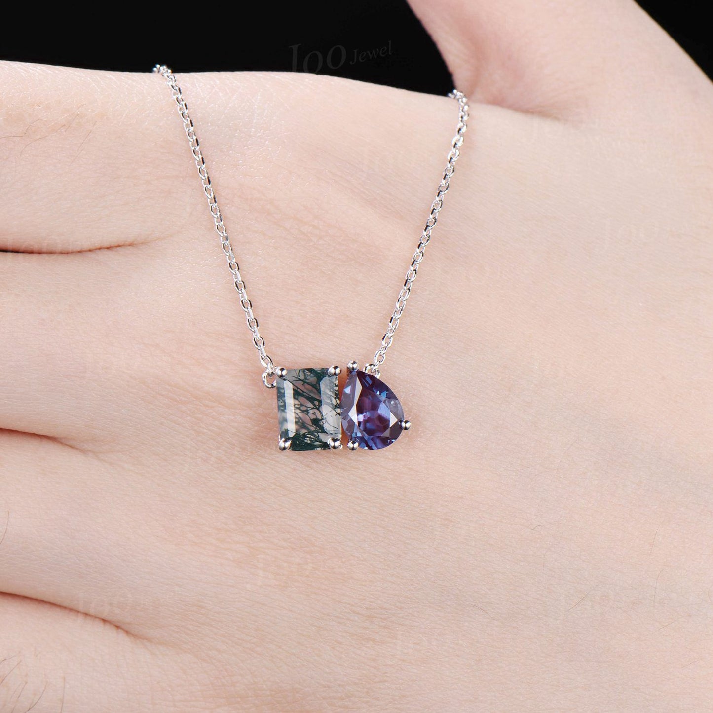 14k White Gold Toi Et Moi Pendant,Pear Alexandrite Emerald Moss Agate Two Stone Pendant Necklace Unique Couple/Best Friend Necklaces