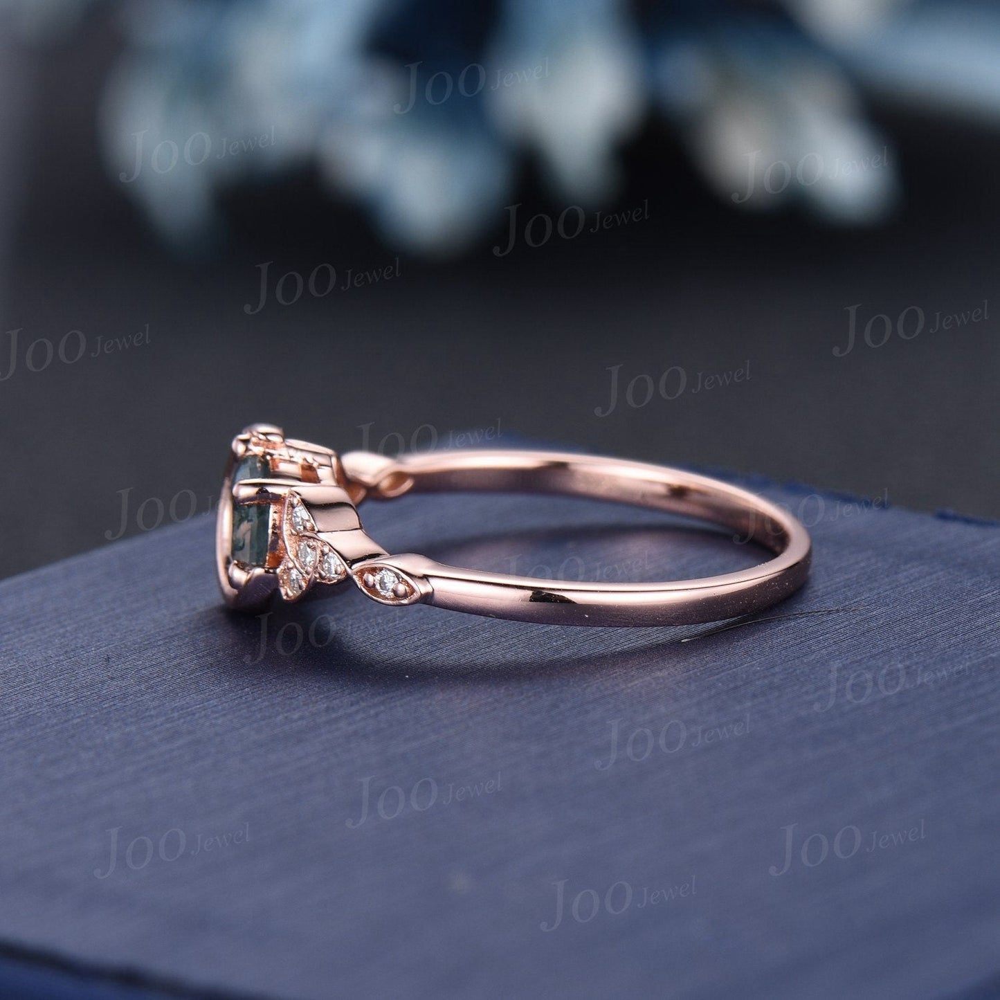 Round Cut Natural Moss Agate Diamond Crescent Moon Wedding Ring 14K Rose Gold Celtic Trinity Knot Irish Engagement Ring Unique Women Gifts