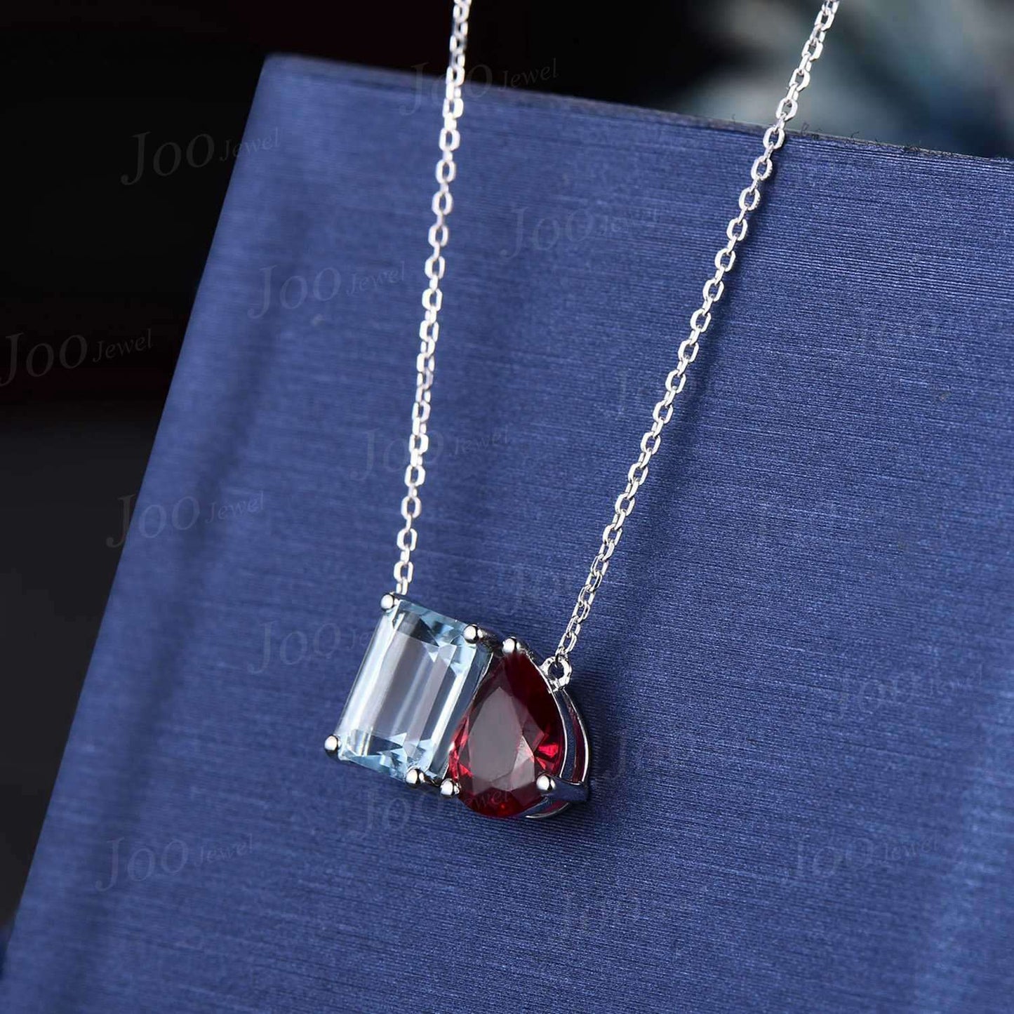 14k Rose Gold Natural Aquamarine Ruby Toi Et Moi Pendant,Pear & Emerald Cut Two Stone Pendant Necklace Unique Couple/Best Friend Necklaces