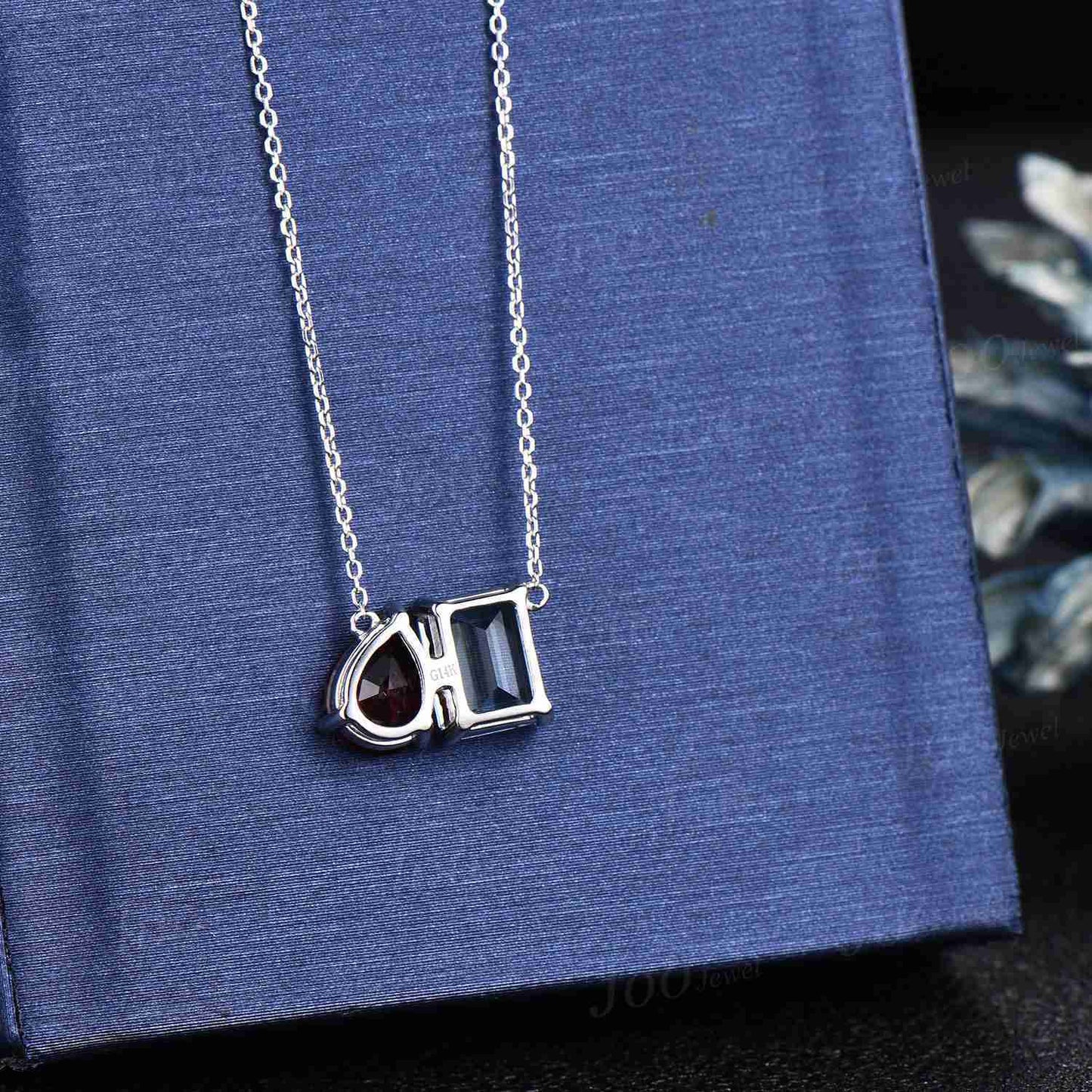 14k Rose Gold Natural Aquamarine Ruby Toi Et Moi Pendant,Pear & Emerald Cut Two Stone Pendant Necklace Unique Couple/Best Friend Necklaces