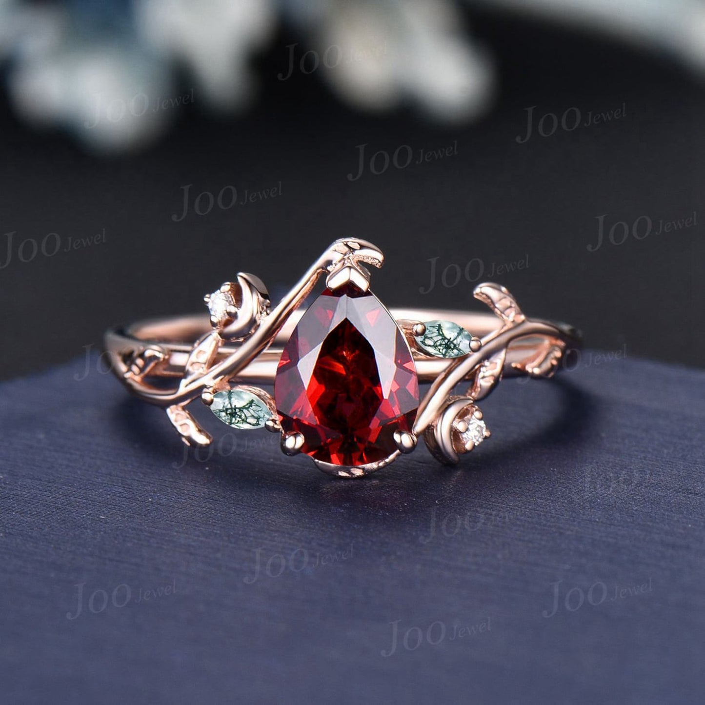 Black And Red Wedding Ring Sets Moon Engagement Ring 14K Rose Gold Nature Inspired Pear Natural Garnet Ring For Women Red Garnet Bridal Ring
