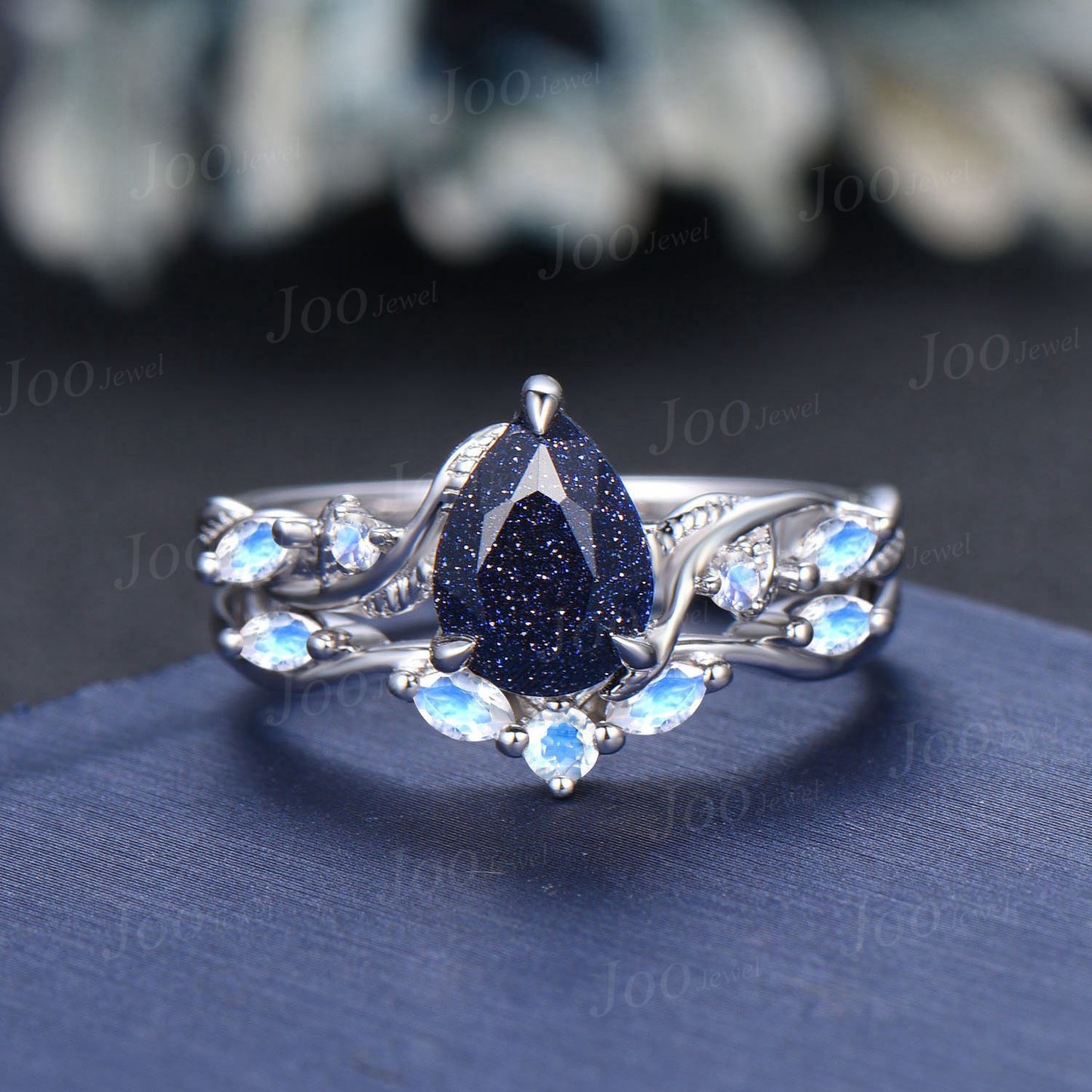 1.25ct Nature Inspired Pear Galaxy Blue Sandstone Amethyst Bridal Set Unique Twig Vine Teardrop Blue Goldstone Black Gold Wedding Ring Set