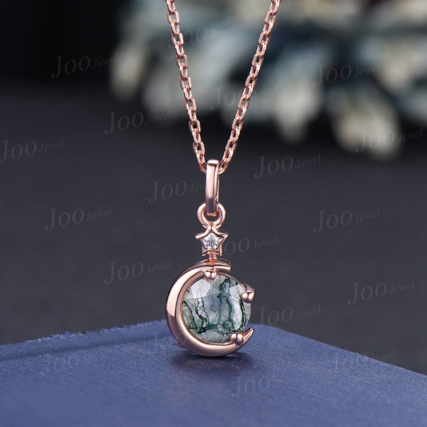 Moon Star Moss Agate Drop Necklace 14K Rose Gold 1ct Round Cut Natural Moss Agate Diamond Pendant Green Gemstone Crystal Jewelry Gifts Women