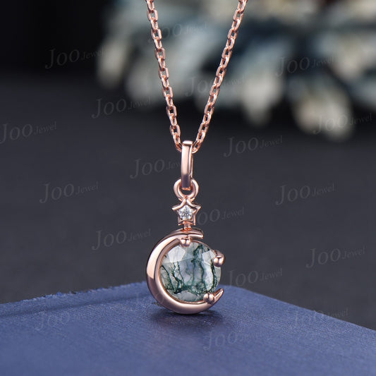 Moon Star Moss Agate Drop Necklace 14K Rose Gold 1ct Round Cut Natural Moss Agate Diamond Pendant Green Gemstone Crystal Jewelry Gifts Women