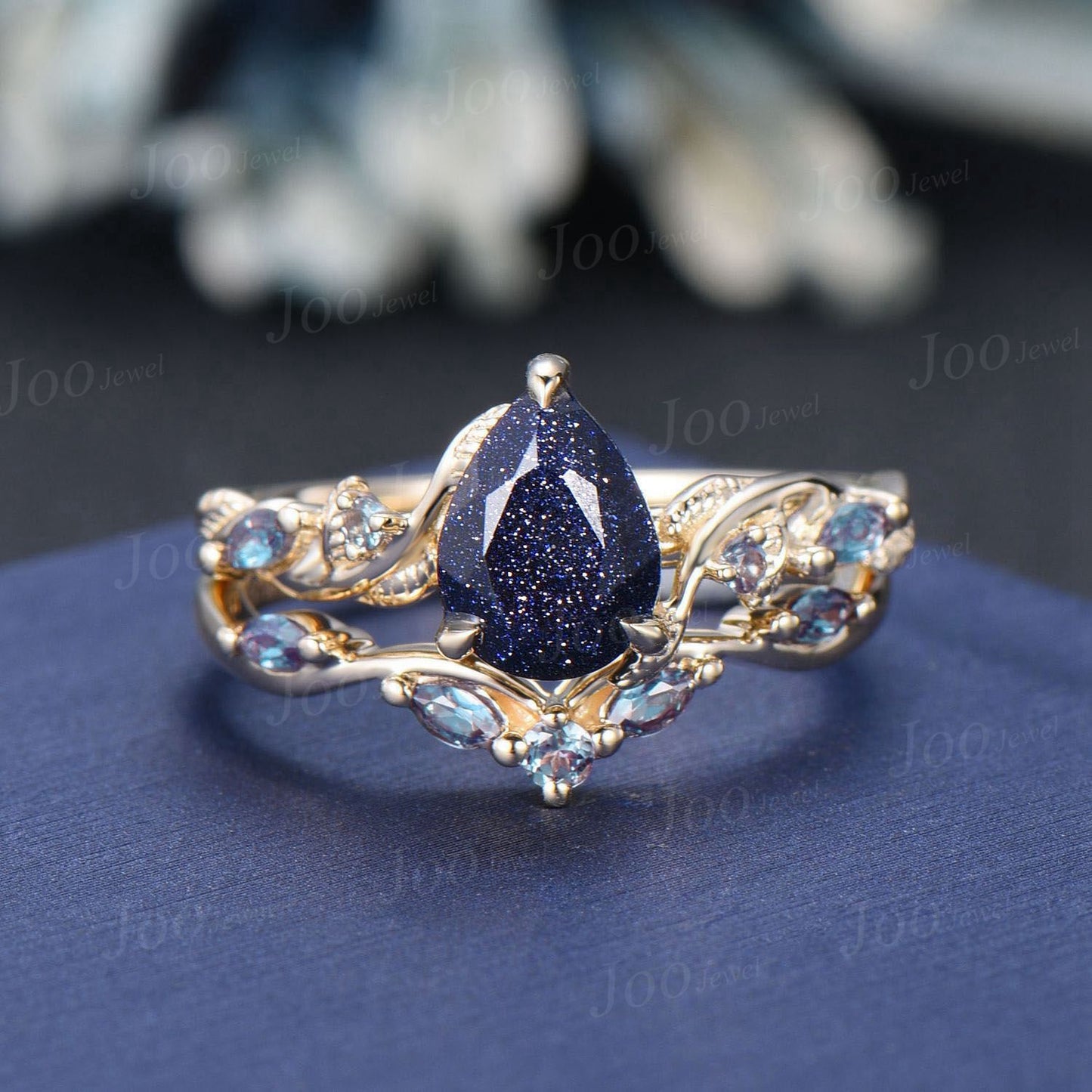 1.25ct Nature Inspired Pear Galaxy Blue Sandstone Amethyst Bridal Set Unique Twig Vine Teardrop Blue Goldstone Black Gold Wedding Ring Set
