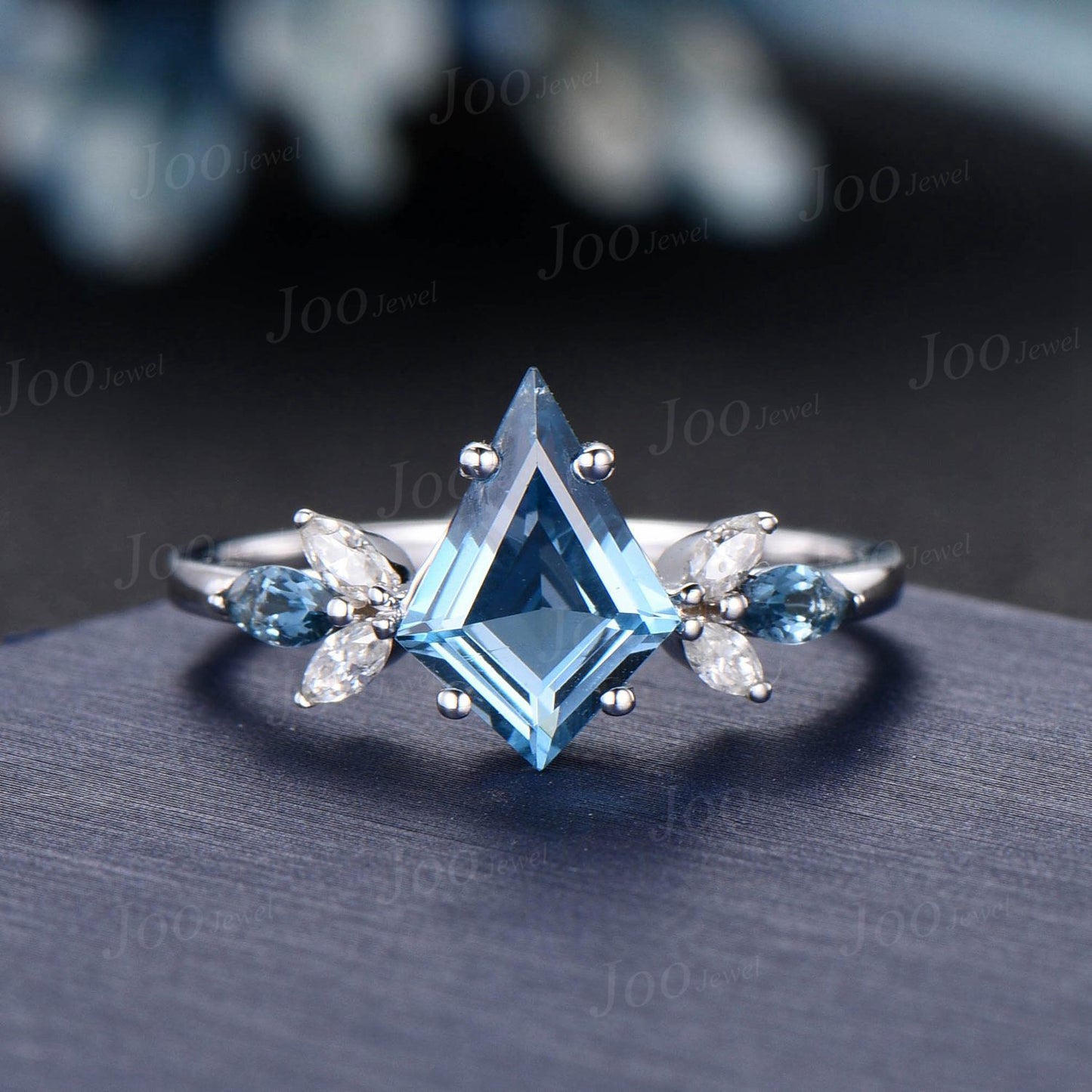 Kite Cut Natural London Blue Topaz Engagement Ring Set Cluster Moissanite Topaz Ring Set Unique December Birthstone Birthday Gifts for Women
